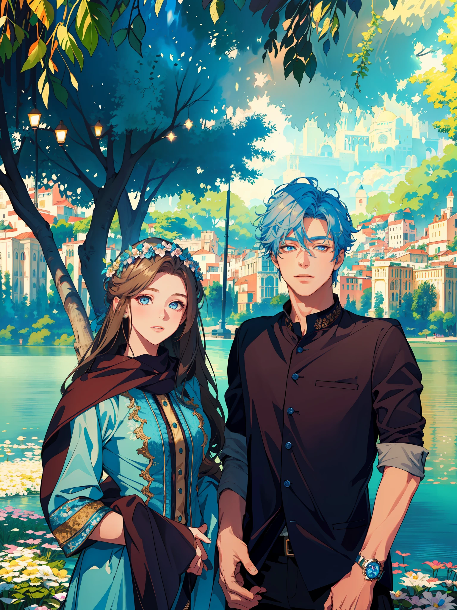 (masterpiece, best quality, highres, Sweet couple, beautiful girl, young boy , couple photo, detailed eyes, blue eyes girl, detailed face, stylish hair, classy outfit, romantic background, flower crown, highly detailed