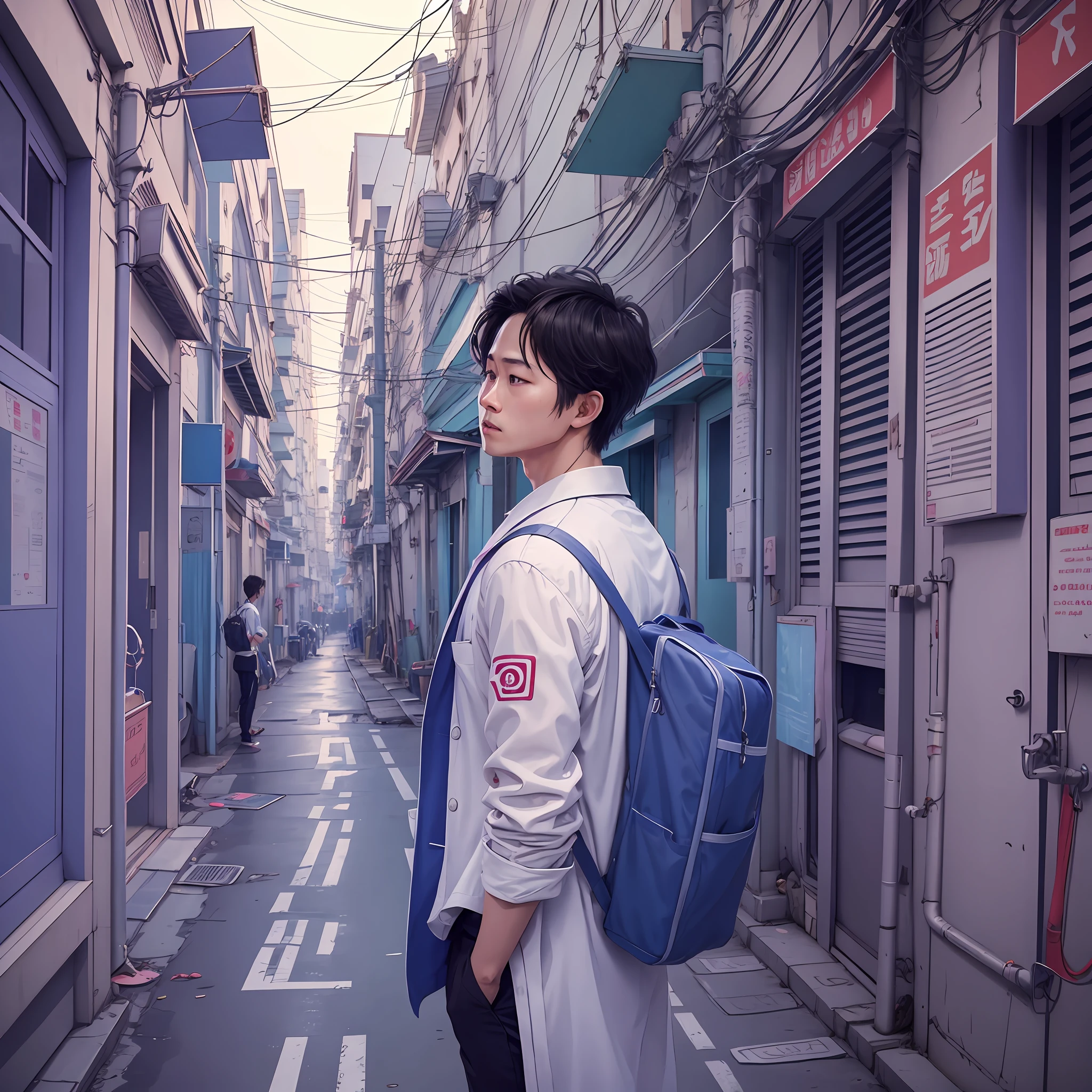 Steven Yeun, a male medical student wear white lab coat, back view, side view, pump into a girl on his way to the university, 20 years old, Vietnamese street background, ((male)), ((get slightly hurt)), painful expression:0.5