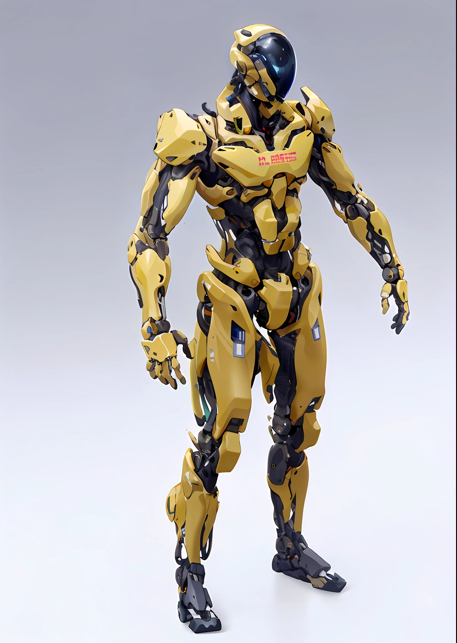 a close up of a robot with a yellow body and black legs, mecha suit, full body mecha suit, yellow mech, detailed humanoid, painterly humanoid mecha, sci - fi character, hard surface character pinterest, mech suit, futuristic robot body, mech robot futuristic, humanoid mech, cool mecha style, full body mech