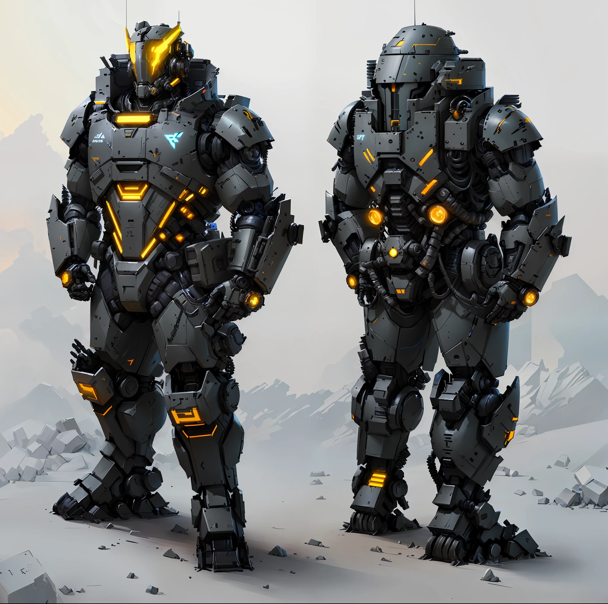 two futuristic looking men in armor standing next to each other, hard surface concept art, expert high detail concept art, combat mech clothes, mech concept art, mechanized art concept, mech suit, hardsurface armour, high detail concept art, feng zhu concept art, high quality concept art, robot concept art, black armor with yellow accents, clean concept art