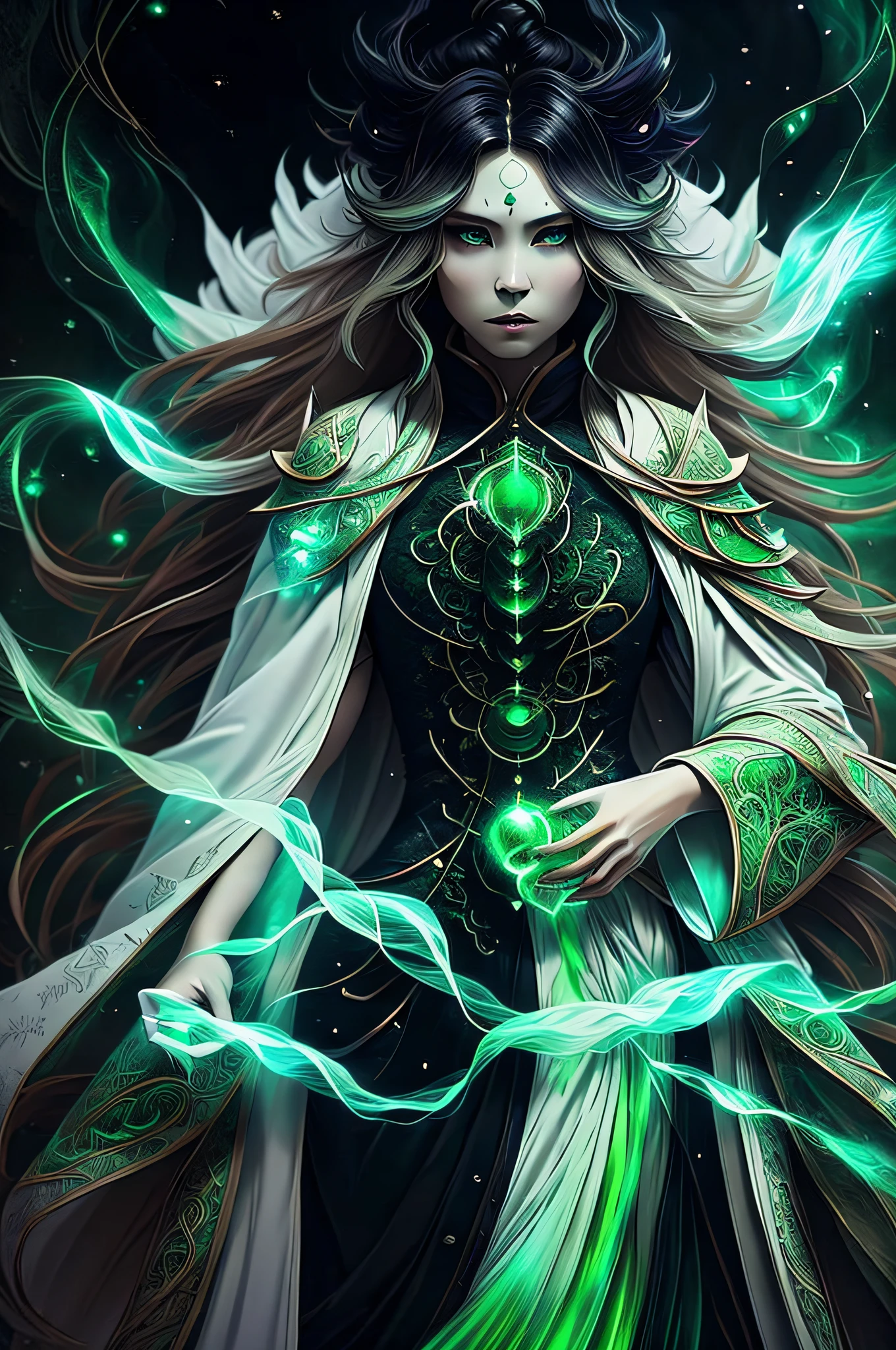 (extremely detailed 8k wallpaper)+, a medium shot photo of a woman dressed in a white robe, long hair, green like grass, eyes a dark green like emerald, tan skin with a supernatural glow