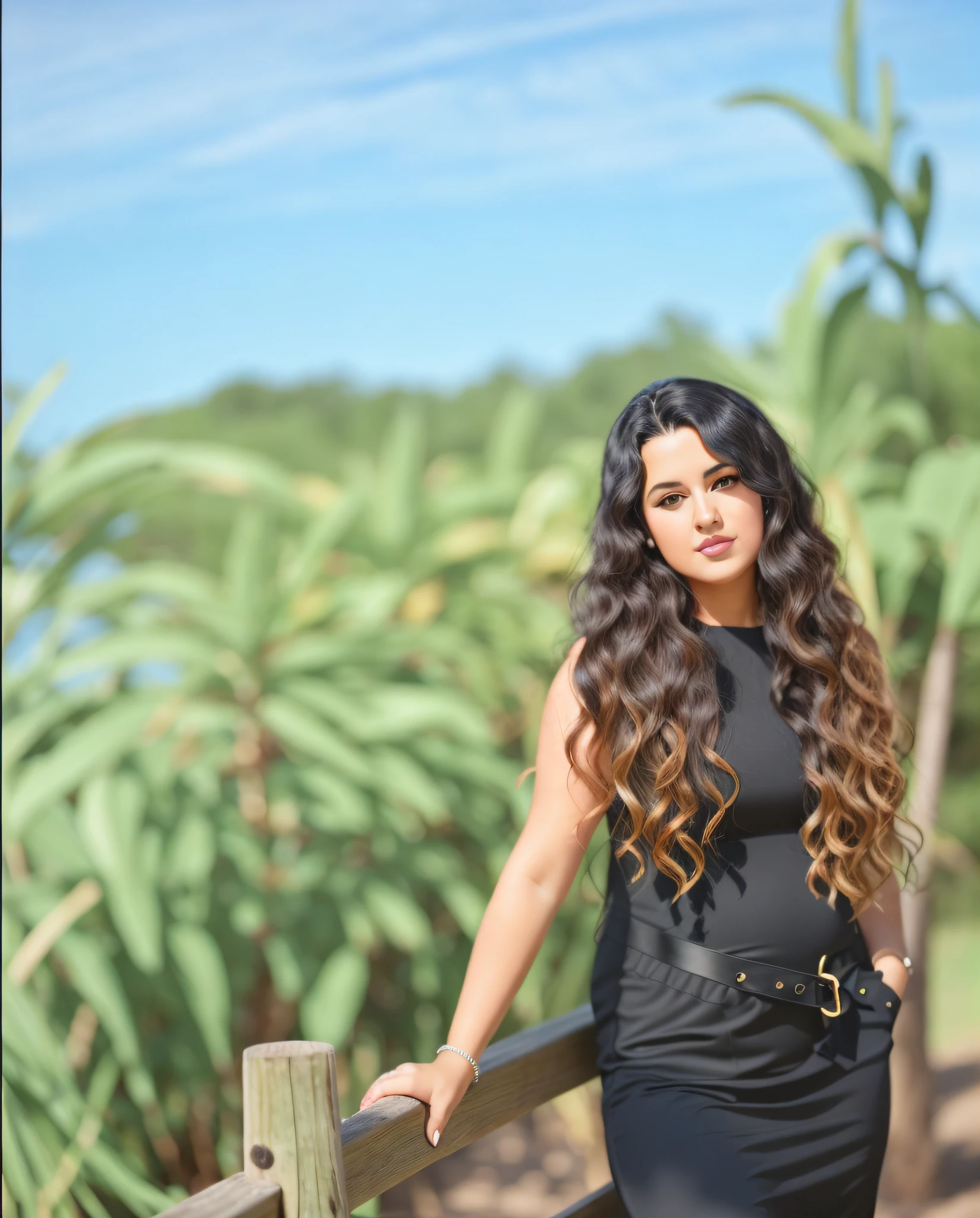 Woman in a black dress leaning against a wooden fence, soft natural light, portrait image, her black hair is a long curly, photoshoot, royal photoshoot queen of the oceans, long black curly hair, long curly black hair, chubby woman