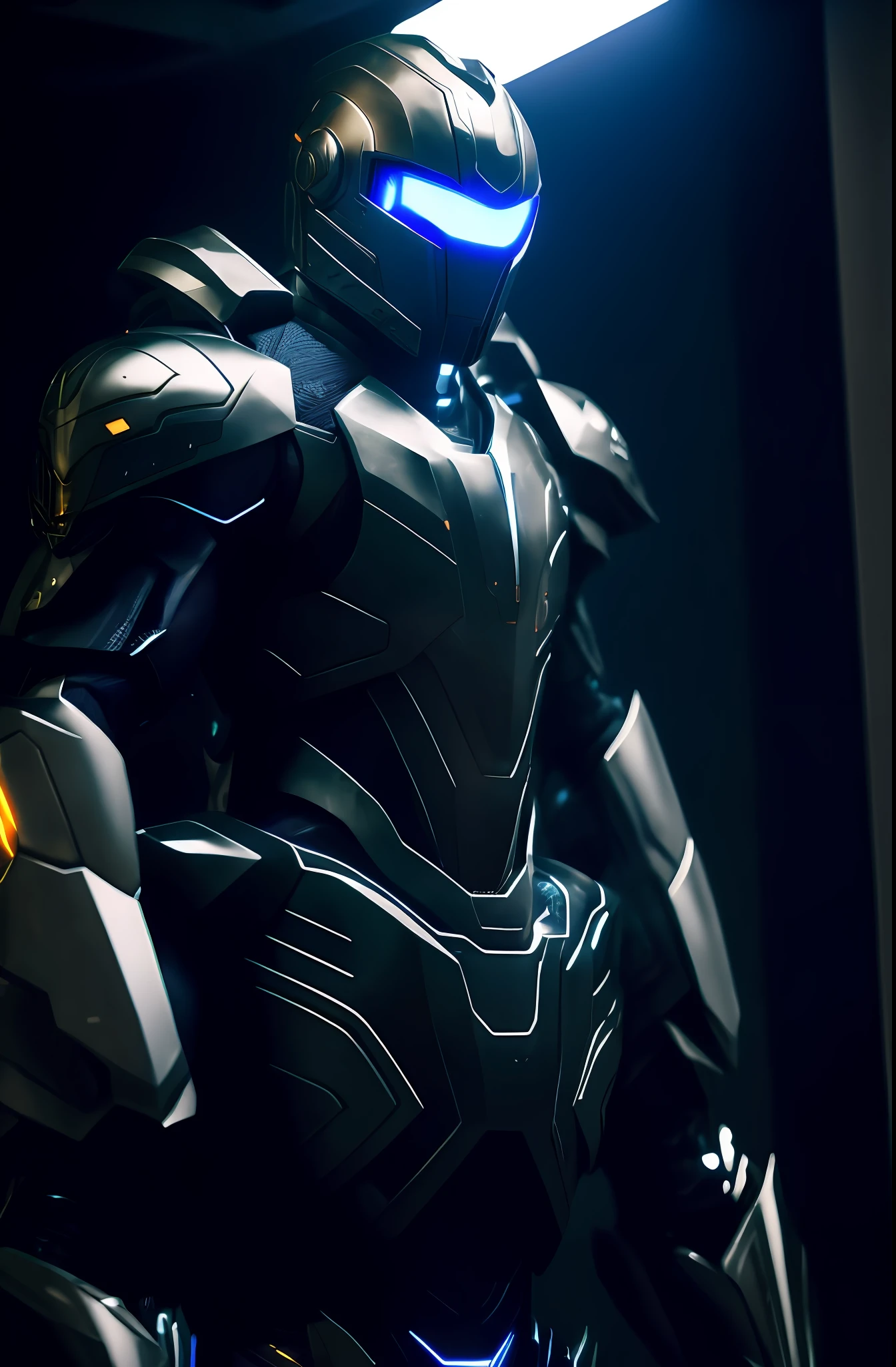 arafed looking man in a futuristic suit standing in a dark room, sci - fi armour! muscular, concept armor, cyber fight armor, cyber armour, cyber suit, sci - fi suit, cyborg armor, cyber armor, guyver style, full cybernetic combat suit, stylish cyborg armor, cybersuit, crysis nanosuit, futuristic armor