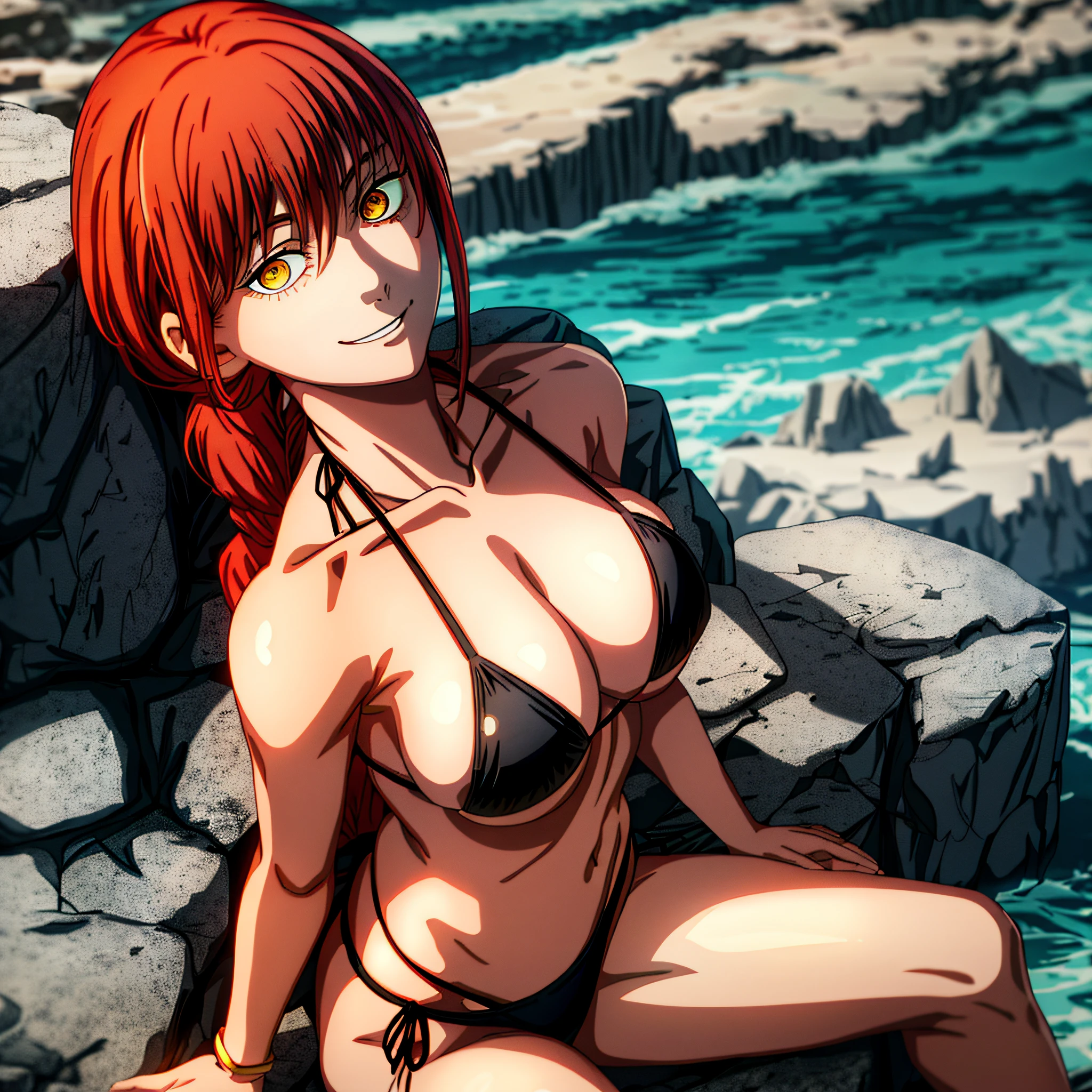 hide in the rock,hiding,makima \(chainsaw man\), best quality, ultra detailed, 1girl, solo, standing, red hair, long braided hair, golden eyes, bangs,(black bikini:1.4), large boobs, stare, smile, (evil:1.2), looking at viewer, (interview:1.3), (sea background) makima \(chainsaw man\)