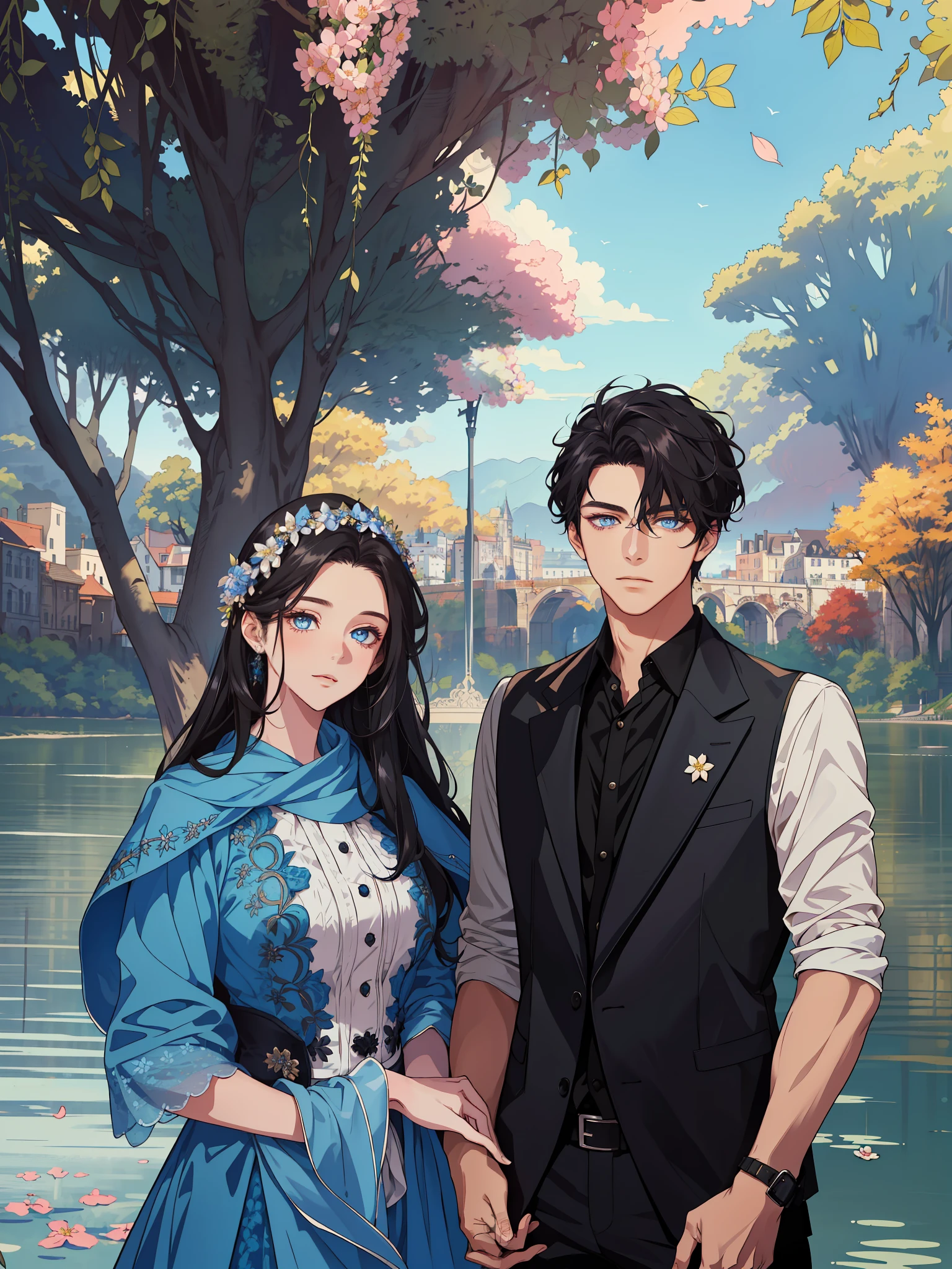 (masterpiece, best quality, highres, Sweet couple, beautiful girl, young boy , couple photo, detailed eyes, blue eyes girl, detailed face, black hair, stylish hair, classy outfit, romantic background, flower crown, highly detailed