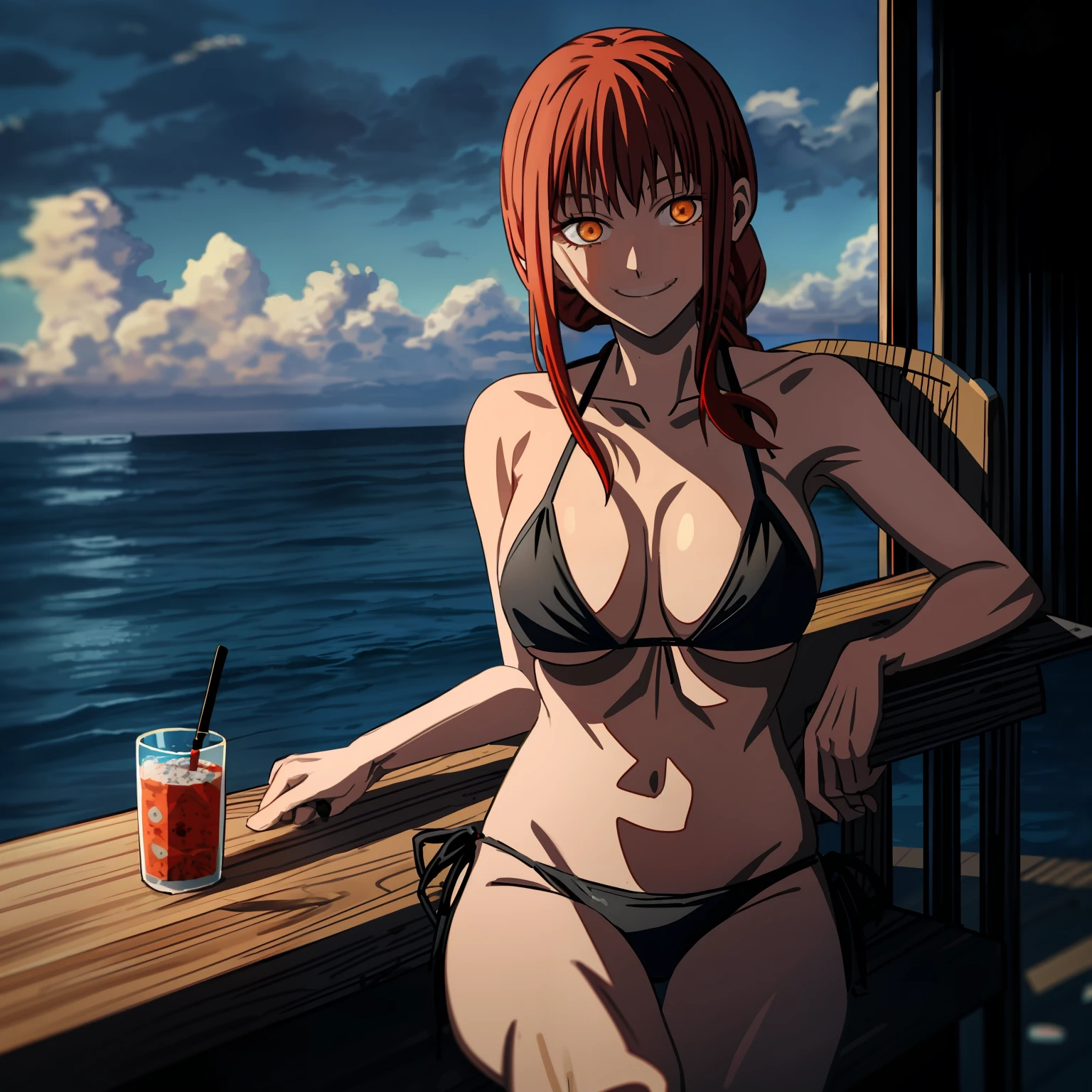 background sea,table,juice,sitting,makima \(chainsaw man\), best quality, ultra detailed, 1girl, solo, standing, red hair, long braided hair, golden eyes, bangs,(black bikini:1.4), large boobs, stare, smile, (evil:1.2), looking at viewer, (interview:1.3), (sea background) makima \(chainsaw man\)