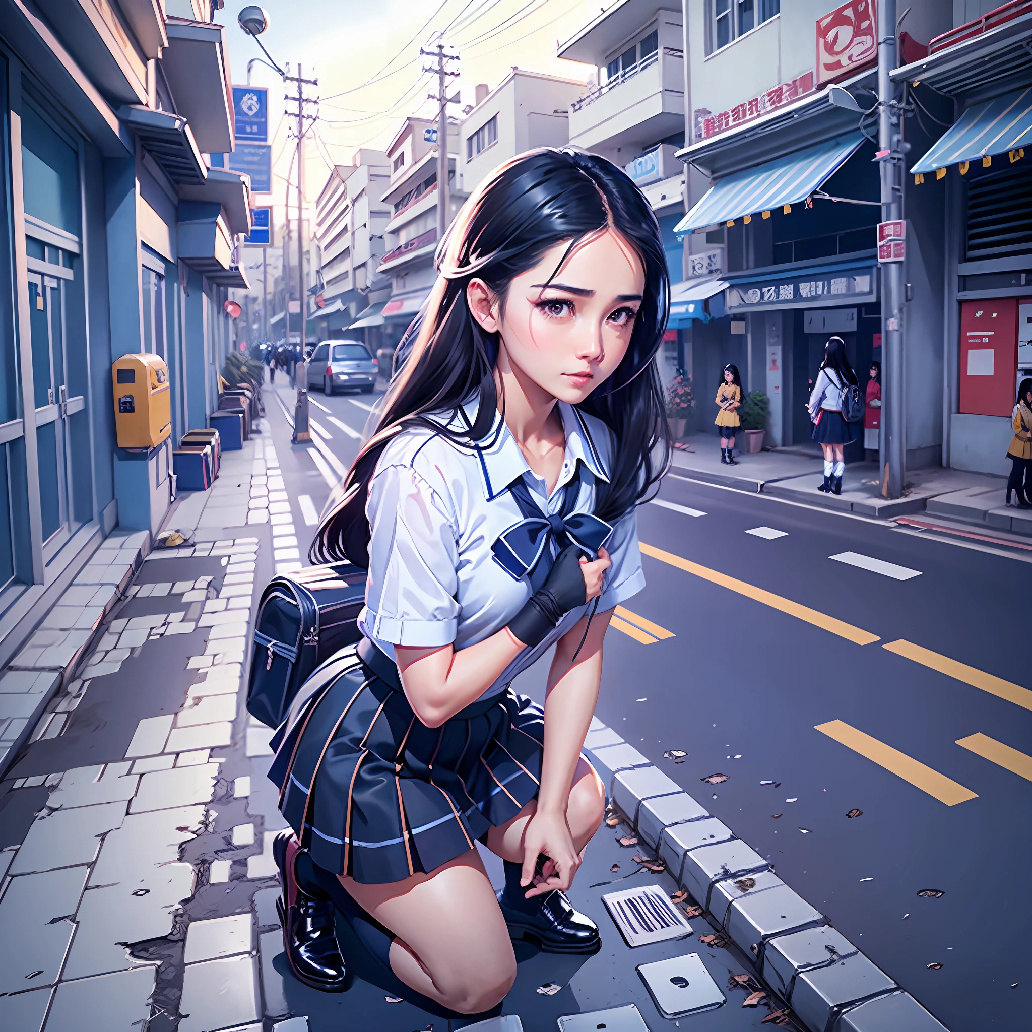 ((Marian Rivera)), a high school student from Vietnam, white school uniform, blue collar, skirt, knee-high socks and polished black shoes, Her longhair is neatly tied back, long black hair, brown eyes, ((stand, bow down and apologize)), a manga panel, Vietnamese street