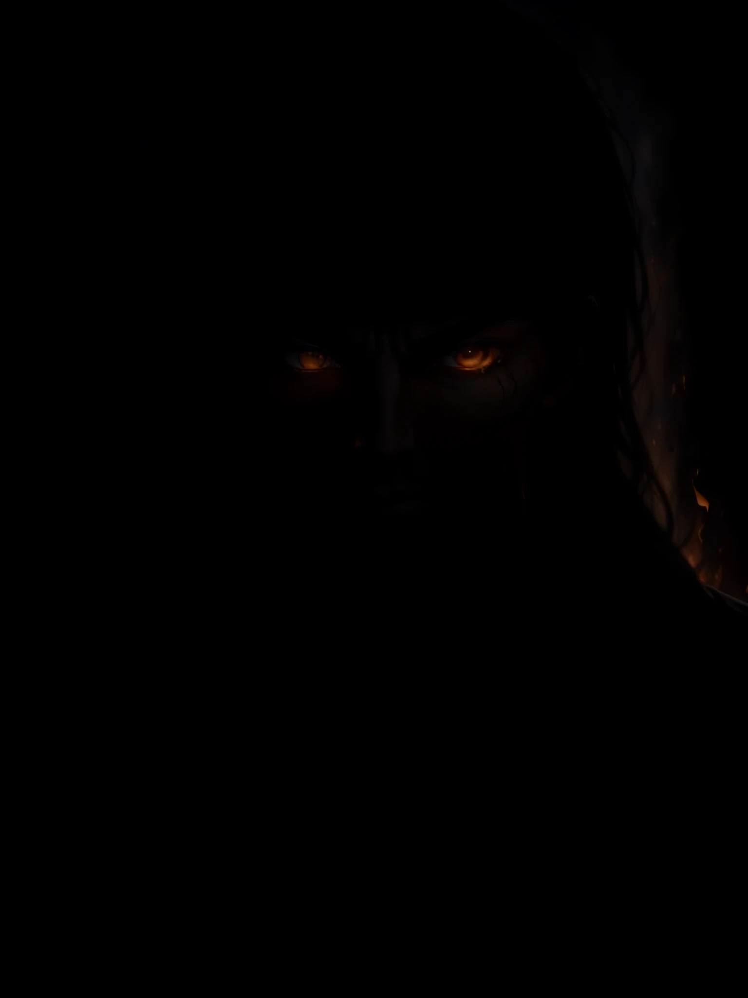 There is one young handsome man with a perfect thin face face, clean-shaven, with yellow eyes, thin eyebrows, a straight nose and long straight black hair, a thin young man of 30 years old throwing fire with his hands, an expression of rage on his face, his eyebrows are drawn together, his eyes are burning, the backgranud of the night is a dark burning forest, full-length