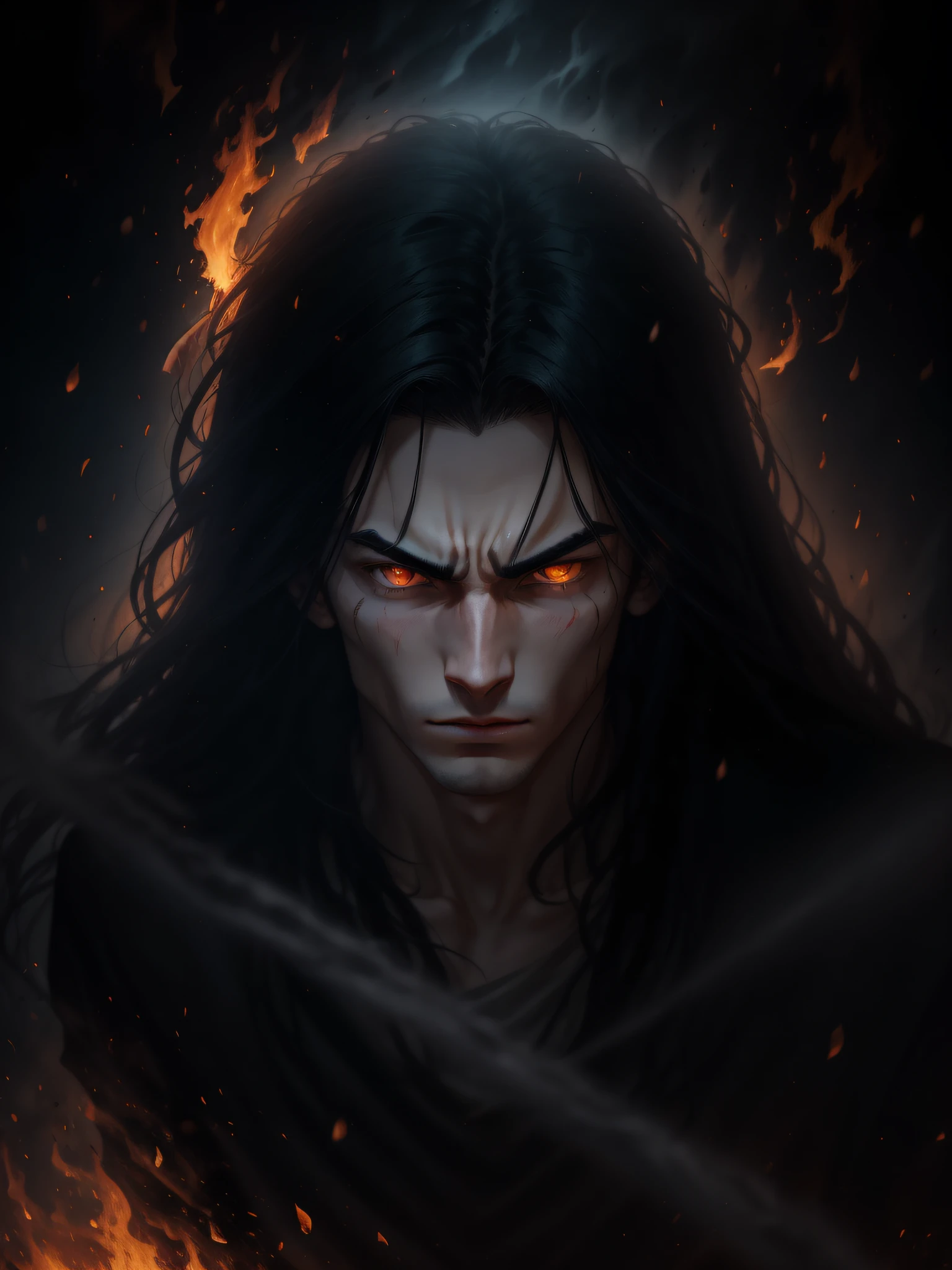 There is one young handsome man with a perfect thin face face, clean-shaven, with yellow eyes, thin eyebrows, a straight nose and long straight black hair, a thin young man of 30 years old throwing fire with his hands, an expression of rage on his face, his eyebrows are drawn together, his eyes are burning, the backgranud of the night is a dark burning forest, full-length