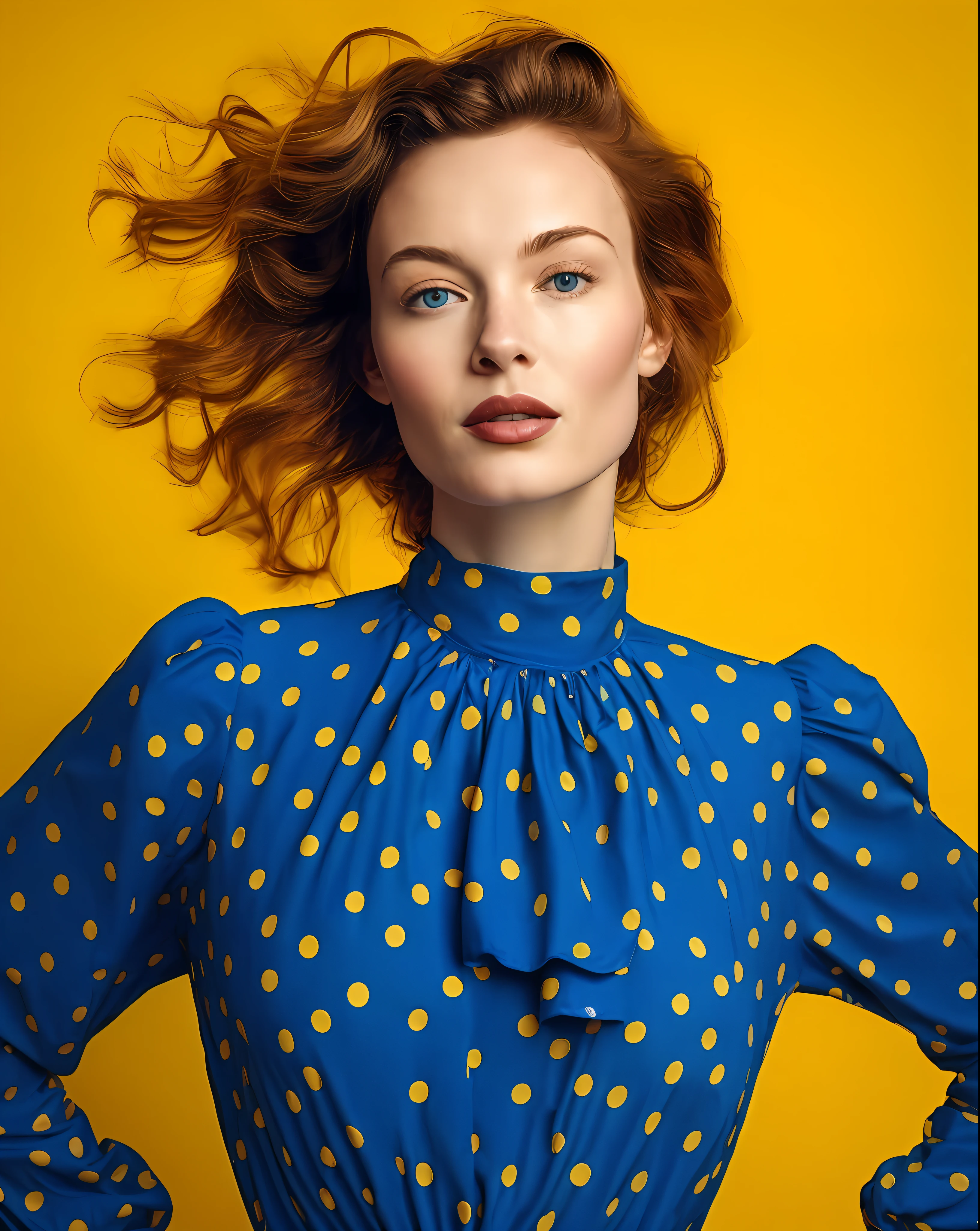 🎨 DETAILED PROMPT 👇

A meticulously detailed photograph of a European-type, fair-skinned top model, adorned in a playful blue dress with yellow polka dots, smiling radiantly while standing against a whimsical yellow background with blue polka dots. The moment is frozen during a bright afternoon using a high-quality mirrorless camera set for high color fidelity, bathed in the soft, even lighting from a large window diffused by sheer curtains. Perfect teeth