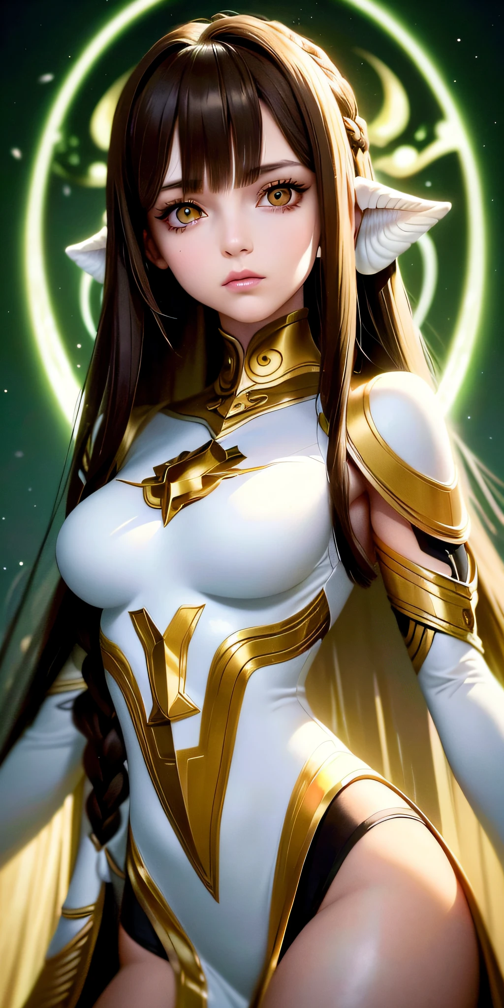 Excellent, masterpiece, brown hair, golden eyes, white clothes, looking up, upper body, hair, green skin, side braids, alien girl, (aesthetic, pure beauty), (advanced light, sharp contrast, strong deep shadow strong), (perfect, details in place), (feminine, fantasy illustration, epic beauty, overhead lens, exquisite character art)