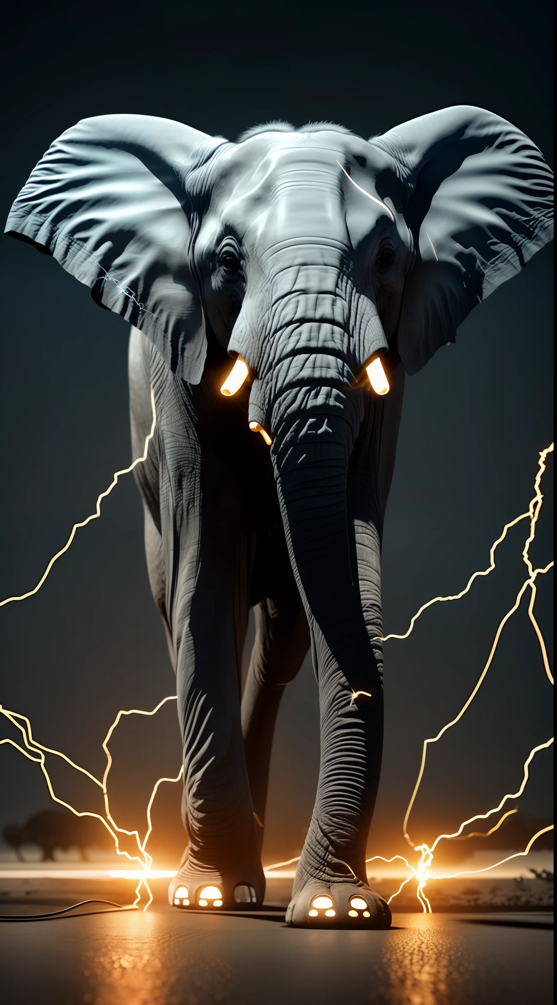 (ultra-detailed CG unity illustration),(best quality, best contrast, darkened),elephant (2:1),(connection to electric wires, sparks, electrical currents)