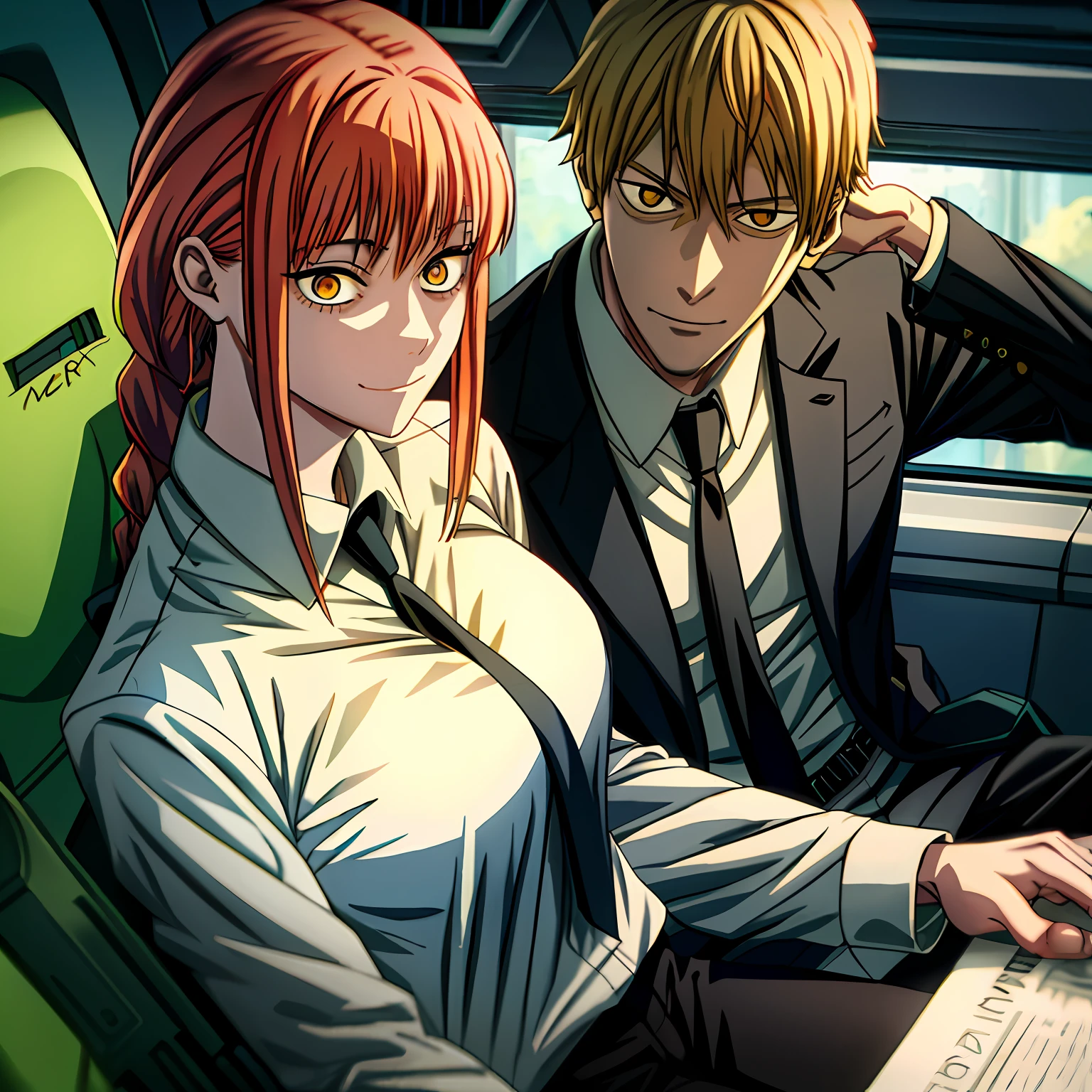 best quality, insanely detailed,1girl,1boy, sitting,in-flight and and (1boy:1.4) BLOND HAIR, denji \(chainsaw man\),and 1gir,makima \(chainsaw man\), best quality, ultra detailed, 1girl, , standing, red hair, long braided hair, golden eyes, bangs,, large boobs, stare, smile, (evil:1.2),, makima \(chainsaw man\),shirt, sidelocks, solo, uniform, white shirt, black necktie, black pants