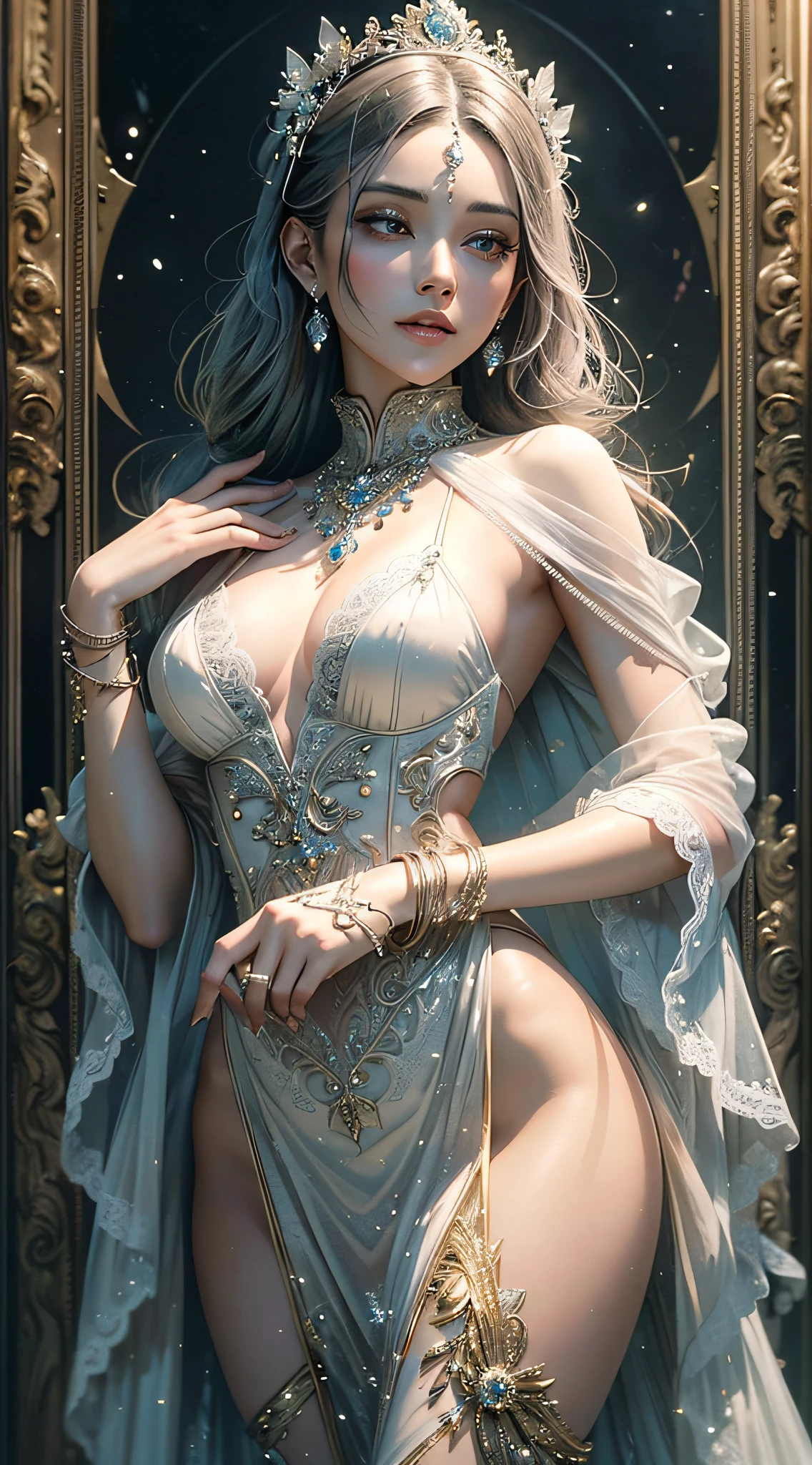 A mesmerizing hourglass-shaped petite woman with an ethereal allure, her slender frame swathed in an intricately embroidered gown that shimmers in shades of moonlit silver, adorned with delicate lace details and sparkling crystals, her ebony hair styled in an elaborate updo, adorned with pearl hairpins, standing in a dimly lit chamber adorned with ornate tapestries and gilded mirrors, candlelight casting a soft glow, evoking an atmosphere of mystery and elegance, Sculpture, crafted with marble, capturing the woman's exquisite beauty and poise, --ar 9:16 --v 5 --auto --s2