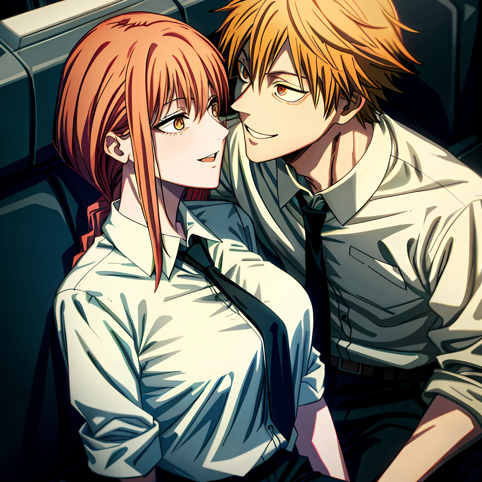 open mouth,(kiss),best quality, insanely detailed,1girl,1boy, sitting,in-flight and and (1boy:1.4) BLOND HAIR, denji \(chainsaw man\),and 1gir,makima \(chainsaw man\), best quality, ultra detailed, 1girl, , standing, red hair, long braided hair, golden eyes, bangs,, large boobs, stare, smile, (evil:1.2),, makima \(chainsaw man\),shirt, sidelocks, solo, uniform, white shirt, black necktie, black pants