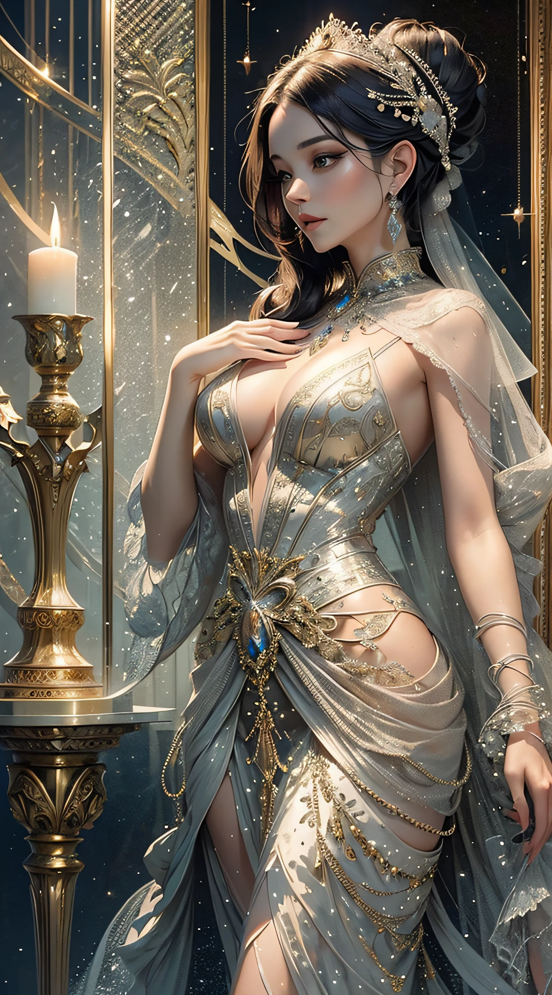 A mesmerizing hourglass-shaped petite woman with an ethereal allure, her slender frame swathed in an intricately embroidered gown that shimmers in shades of moonlit silver, adorned with delicate lace details and sparkling crystals, her ebony hair styled in an elaborate updo, adorned with pearl hairpins, standing in a dimly lit chamber adorned with ornate tapestries and gilded mirrors, candlelight casting a soft glow, evoking an atmosphere of mystery and elegance, Sculpture, crafted with marble, capturing the woman's exquisite beauty and poise, --ar 9:16 --v 5 --auto --s2