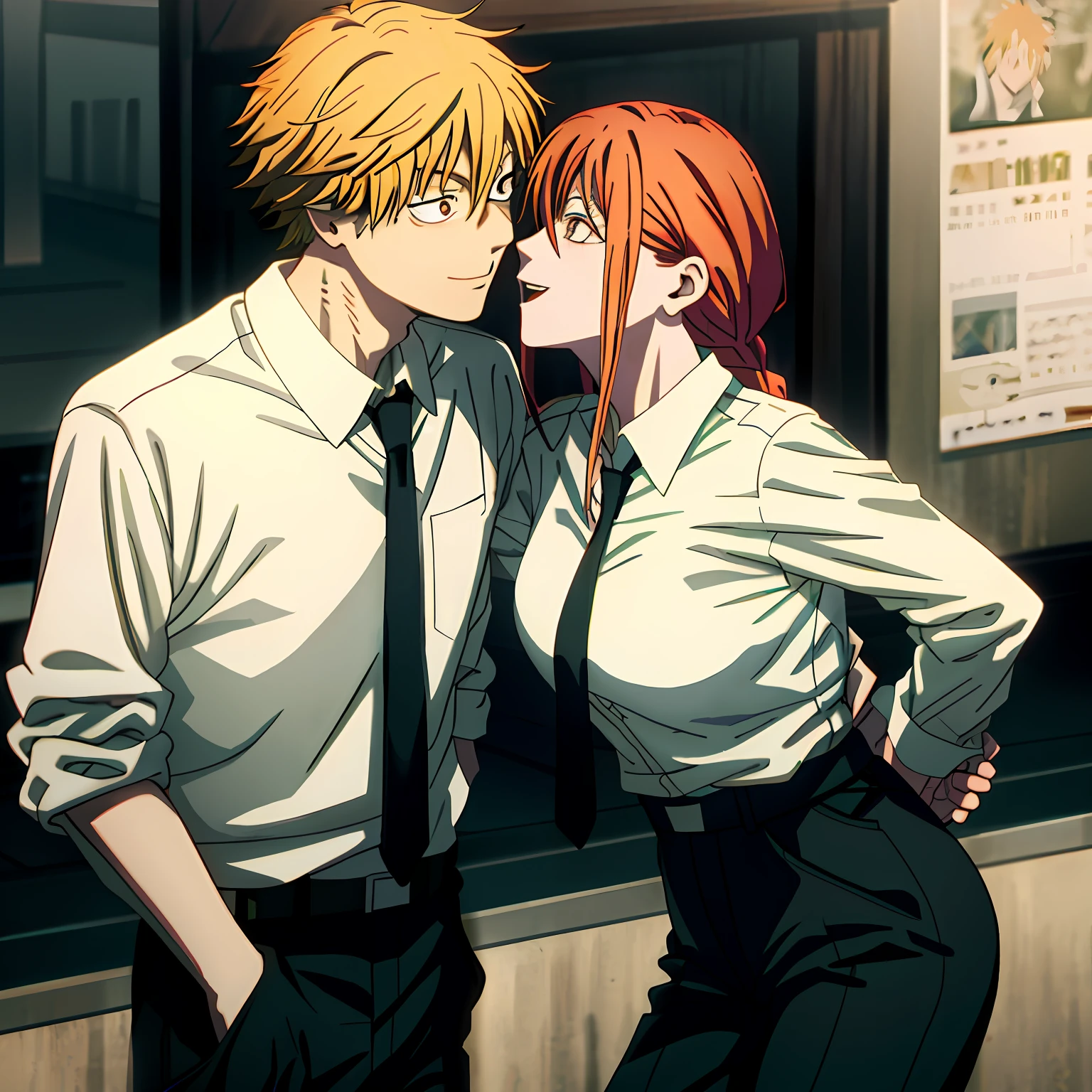 open mouth,(kiss),best quality, insanely detailed,1girl,1boy, sitting,in-flight and and (1boy:1.4) BLOND HAIR, denji \(chainsaw man\),and 1gir,makima \(chainsaw man\), best quality, ultra detailed, 1girl, , standing, red hair, long braided hair, golden eyes, bangs,, large boobs, stare, smile, (evil:1.2),, makima \(chainsaw man\),shirt, sidelocks, solo, uniform, white shirt, black necktie, black pants