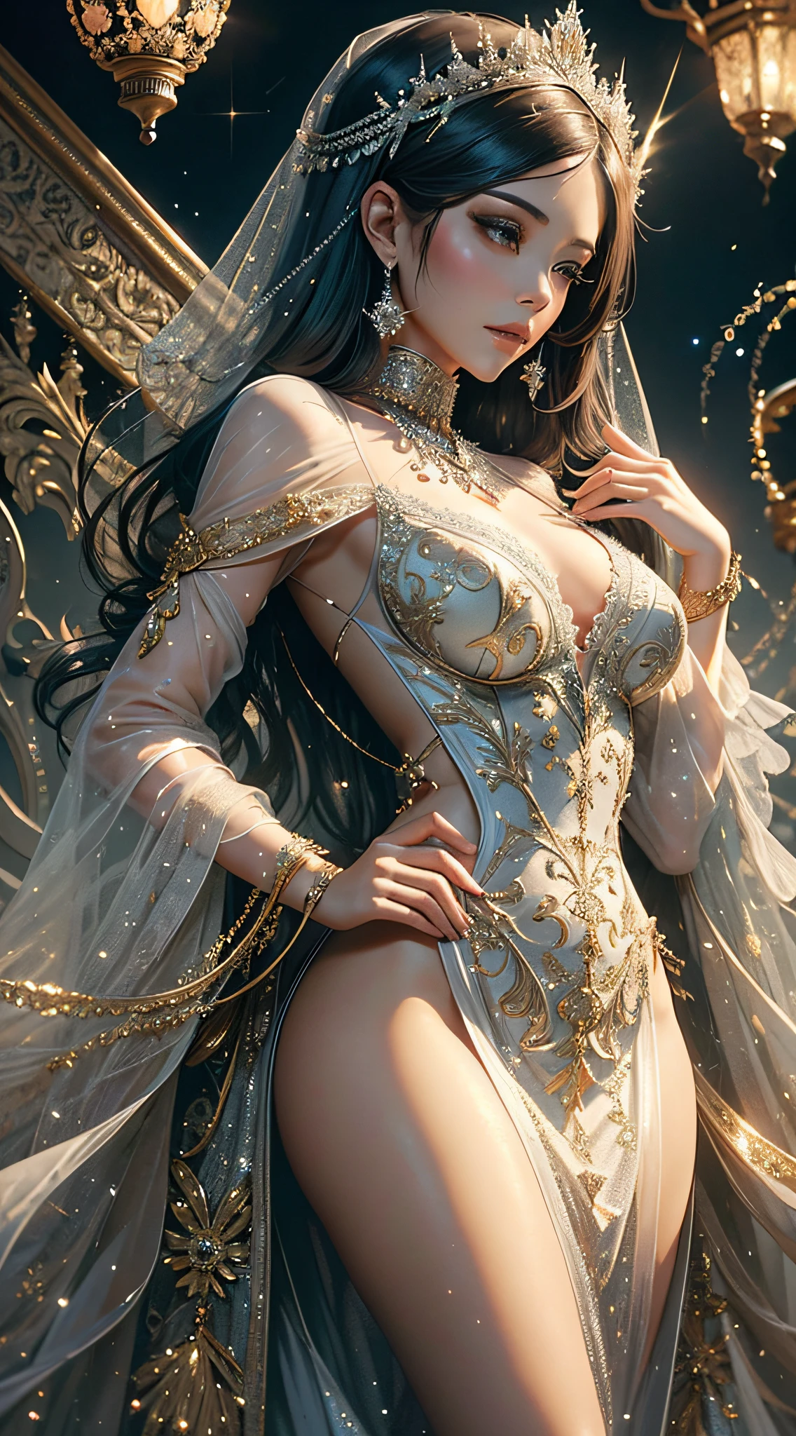 A mesmerizing hourglass-shaped petite woman with an ethereal allure, her slender frame swathed in an intricately embroidered gown that shimmers in shades of moonlit silver, adorned with delicate lace details and sparkling crystals, her ebony hair styled in an elaborate updo, adorned with pearl hairpins, standing in a dimly lit chamber adorned with ornate tapestries and gilded mirrors, candlelight casting a soft glow, evoking an atmosphere of mystery and elegance, Sculpture, crafted with marble, capturing the woman's exquisite beauty and poise, --ar 9:16 --v 5 --auto --s2