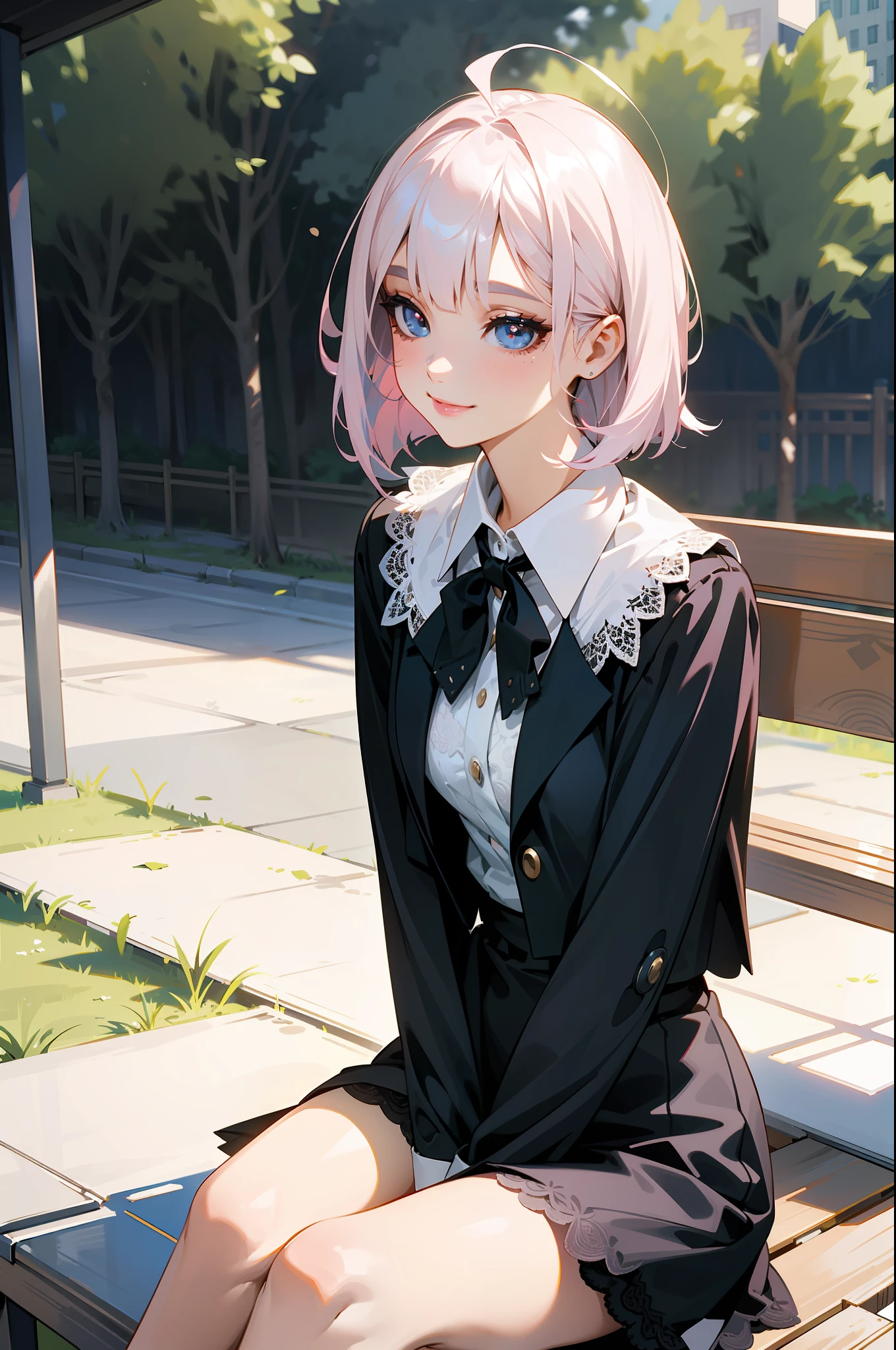 sunny day, graceful photo of a girl in a black blazer dress, (puffy eyes:0.95), (white lace shirt), platinum pink hair, (angled bob:1.47), flat bangs, (flowing hair), smile slightly, pink lip, happy, happiness, high detailed skin, skin pores, stunning innocent symmetry face, long eyelashes, black eyeliner, light golden eyeshadow,(sitting down on the bench), crossed_legs, emotional, wind, park, trees, grass, masterpiece, best quality, photorealistic,