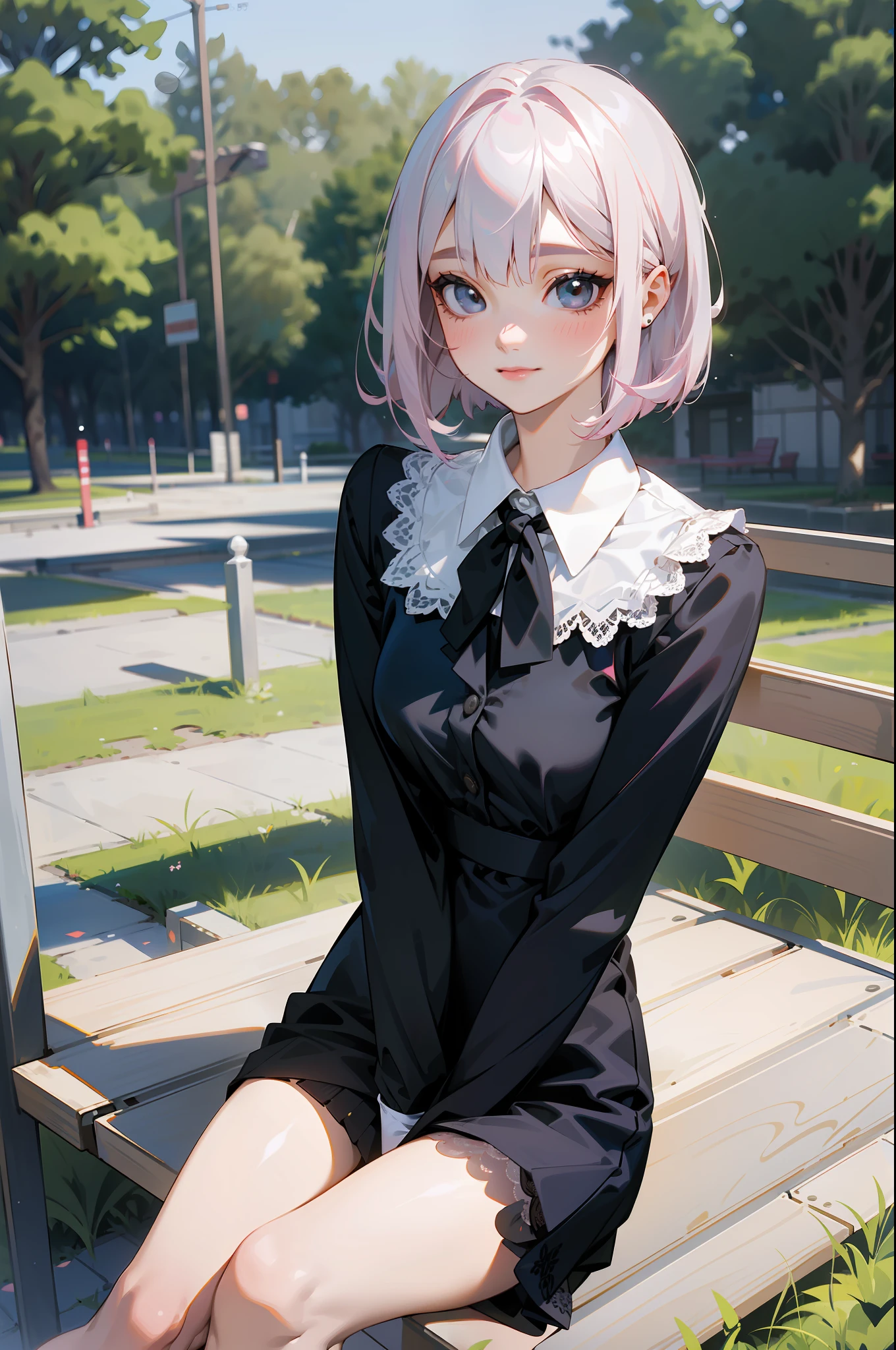 sunny day, graceful photo of a girl in a black blazer dress, (puffy eyes:0.95), (white lace shirt), platinum pink hair, (angled bob:1.47), flat bangs, (flowing hair), smile slightly, pink lip, happy, happiness, high detailed skin, skin pores, stunning innocent symmetry face, long eyelashes, black eyeliner, light golden eyeshadow,(sitting down on the bench), crossed_legs, emotional, wind, park, trees, grass, masterpiece, best quality, photorealistic,