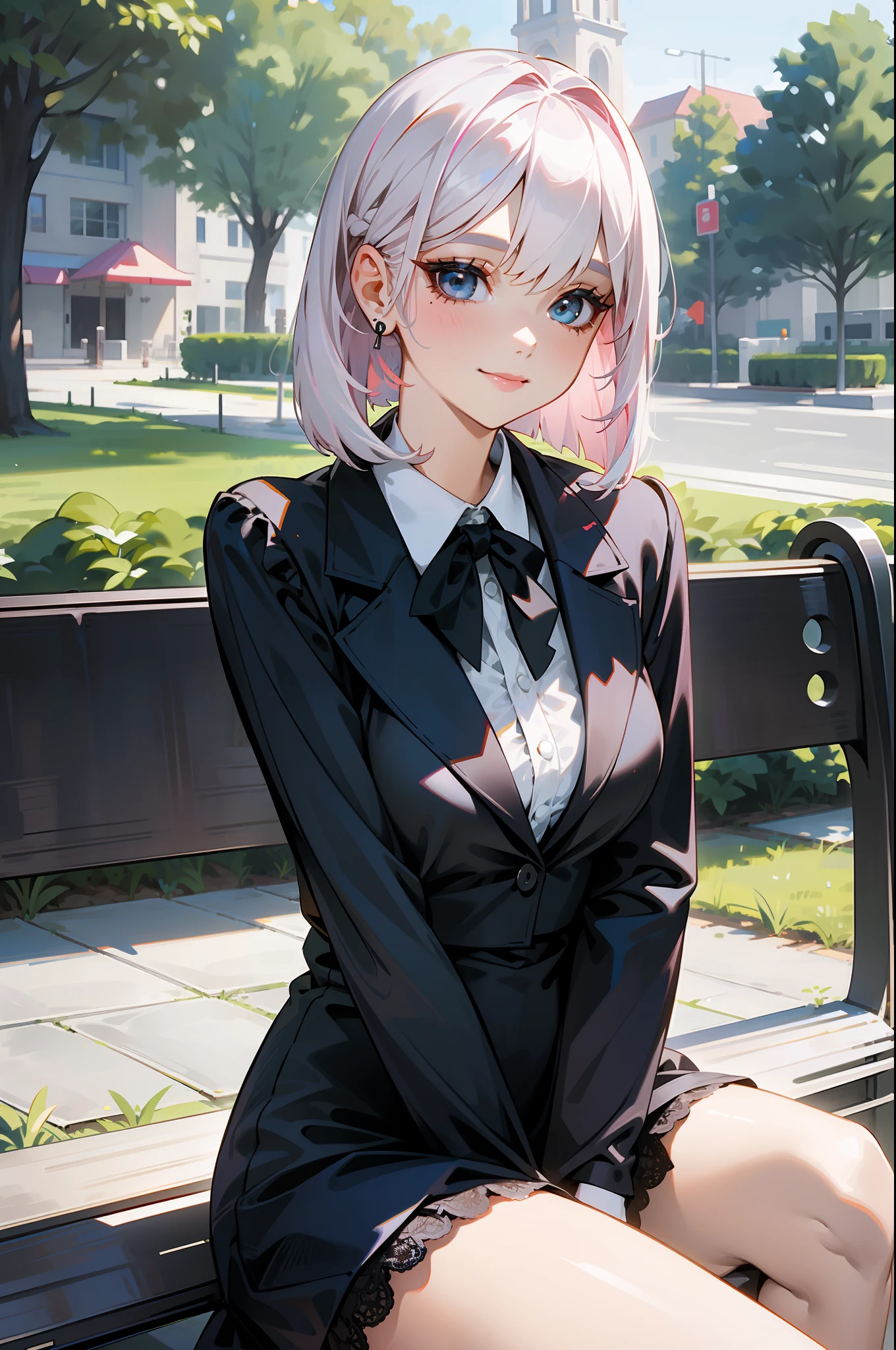 sunny day, graceful photo of a girl in a black blazer dress, (puffy eyes:0.95), (white lace shirt), platinum pink hair, (angled bob:1.47), flat bangs, (flowing hair), smile slightly, pink lip, happy, happiness, high detailed skin, skin pores, stunning innocent symmetry face, long eyelashes, black eyeliner, light golden eyeshadow,(sitting down on the bench), crossed_legs, emotional, wind, park, trees, grass, masterpiece, best quality, photorealistic,