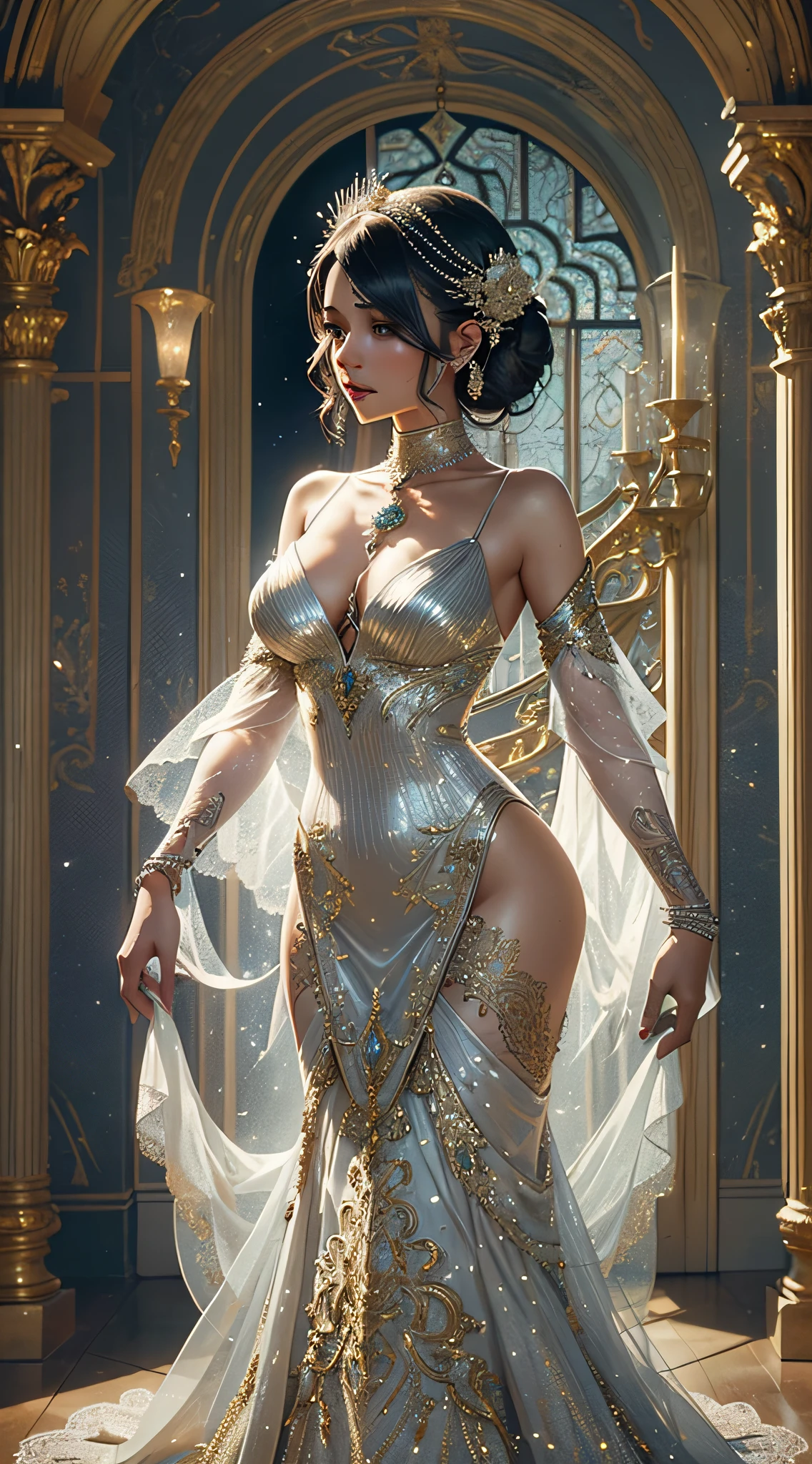 A mesmerizing hourglass-shaped petite woman with an ethereal allure, her slender frame swathed in an intricately embroidered gown that shimmers in shades of moonlit silver, adorned with delicate lace details and sparkling crystals, her ebony hair styled in an elaborate updo, adorned with pearl hairpins, standing in a dimly lit chamber adorned with ornate tapestries and gilded mirrors, candlelight casting a soft glow, evoking an atmosphere of mystery and elegance, Sculpture, crafted with marble, capturing the woman's exquisite beauty and poise, --ar 9:16 --v 5 --auto --s2