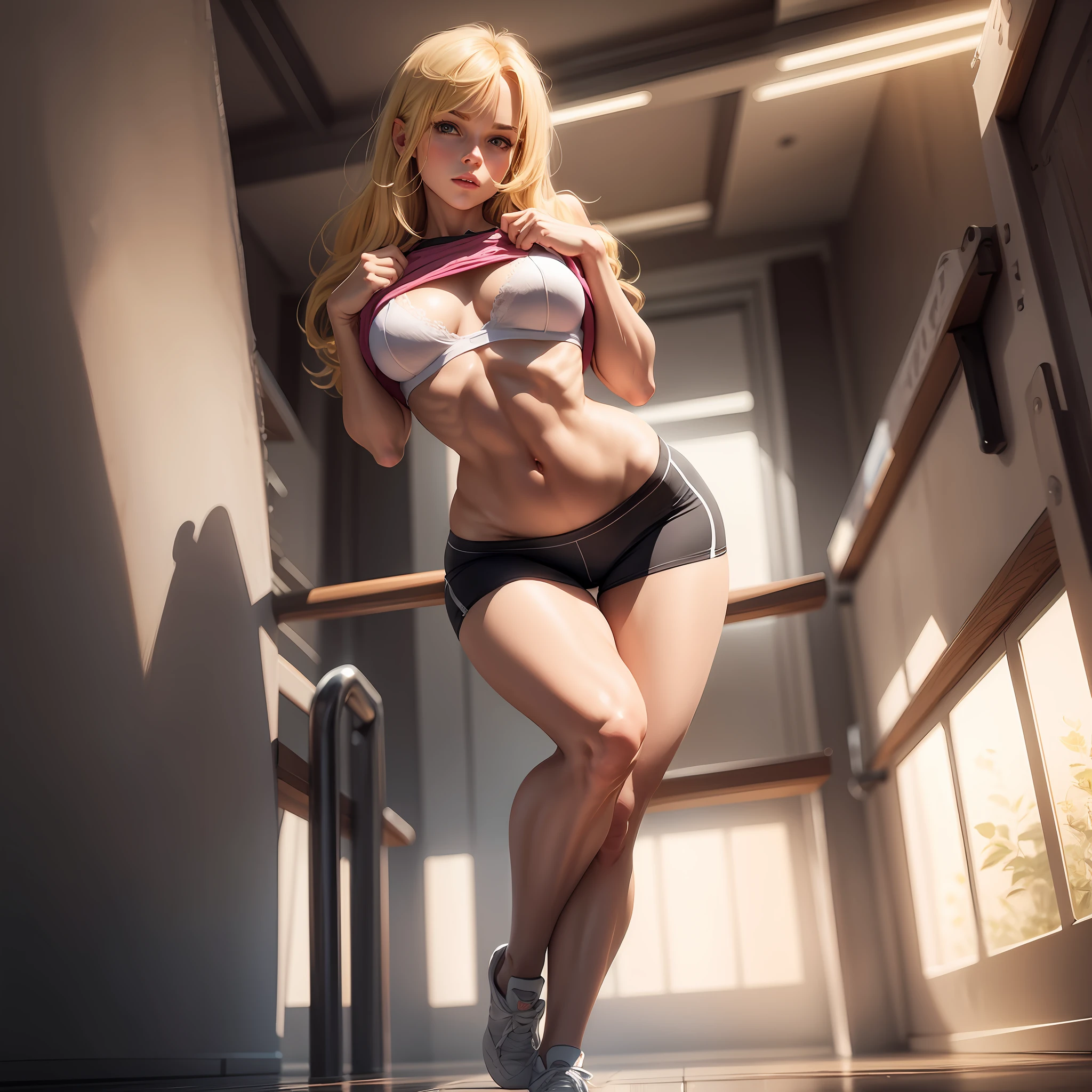 1 blonde girl in bra, muscular legs and calves, full body, sexy look, realistic 8k, full body