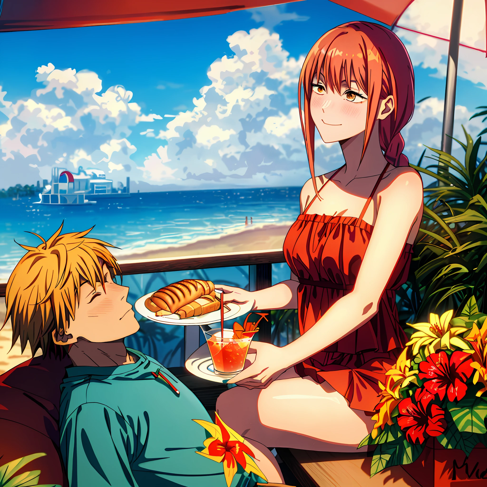 ((masterpiece,best quality)), close up:1.2, upper body, dynamic angle:1.5, center, 1boy,1girl, insanely detailed faces, colorful hair, (one eye closed or close eyes:0.9), nose blush, smile, sitting in the restaurant, eating food, cottage, swimsuits, skirt, shirts, hair ornaments, hibiscus, (sky, clouds, summer scenery, (night:1.5, desklamp, classical street lamp), beach resort:1.5, crowded:1.7, water park, amusement park, umbrella on ground, cityscraper in distance, small islands, colorful birds, palm tree, tent, insanely detailed) ((cocktail)) , sandwich, pizza, fruits, fingerfood, salad, fruits,,and and (1boy:1.4) BLOND HAIR,man swimsuit , denji \(chainsaw man\),and 1gir,makima \(chainsaw man\), best quality, ultra detailed, 1girl, , standing, red hair, long braided hair, golden eyes, bangs,, large boobs, stare, ,, makima \(chainsaw man\)