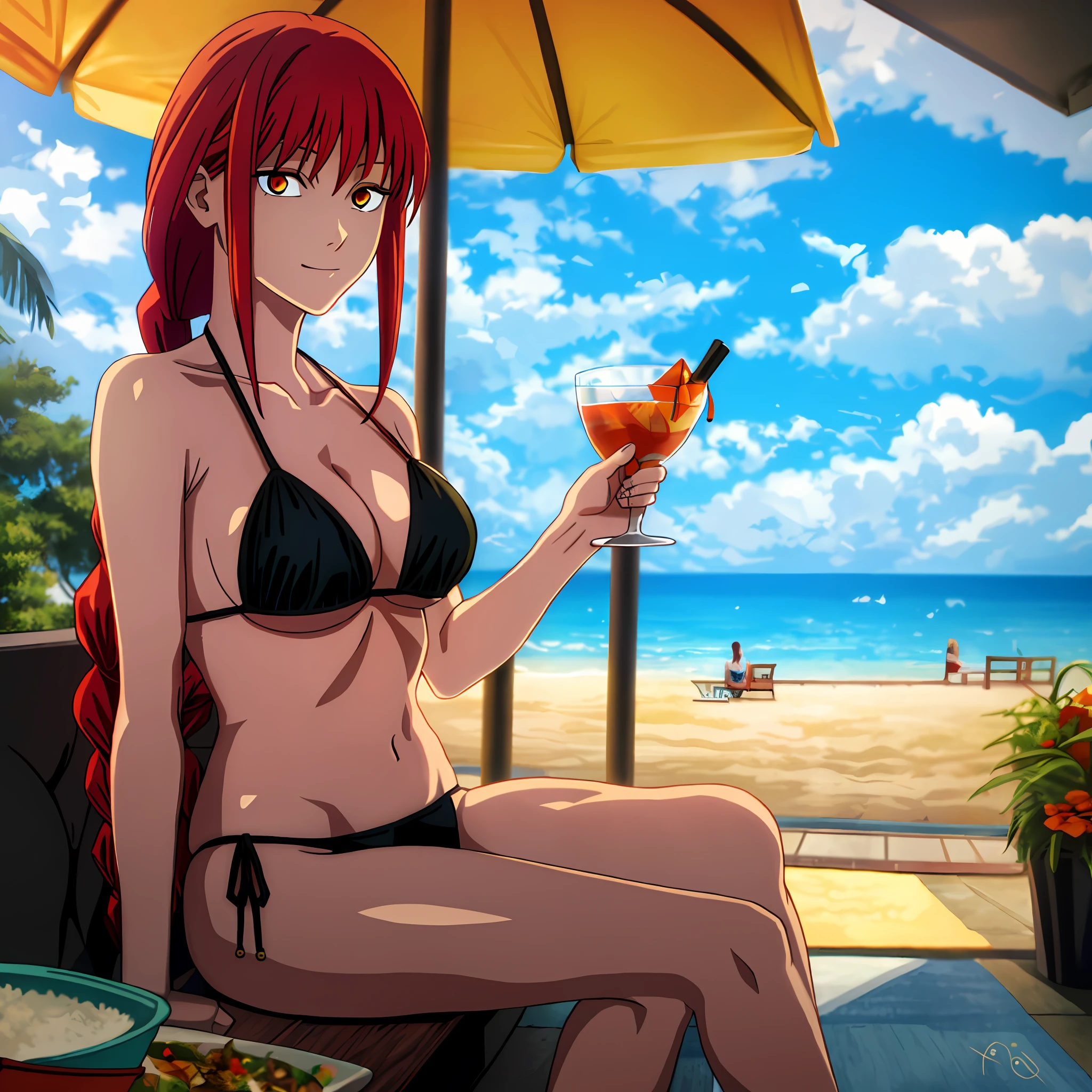 ((masterpiece,best quality)),sitting,sitting in the restaurant, eating food, cottage,beach resort:1.5, crowded:1.7, water park, amusement park, 1gir,makima \(chainsaw man\), best quality, ultra detailed, 1girl, , standing, red hair, long braided hair, golden eyes, bangs,, large boobs, stare, ,black bikini, makima \(chainsaw man\)