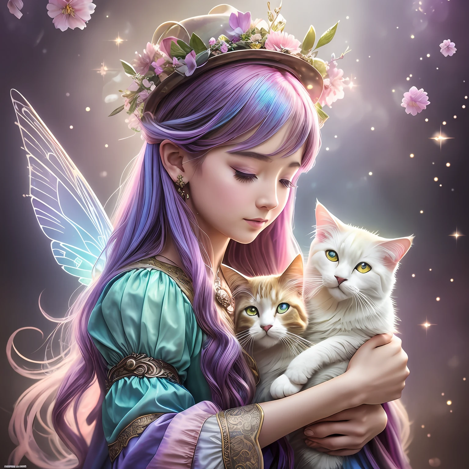 fine art masterclass splash spray trickle daubs of rainbow opaline Prisma Sakuraoil color, Steampunk celestial ethereal ghostly beautiful fairy holding a cute cat, HDR, ultra high-detail, centered, bokeh, lens flare, foggy dusk, bloom, light bloom, cinematic lighting, high dynamic range, depth of field, full pose --auto --s2