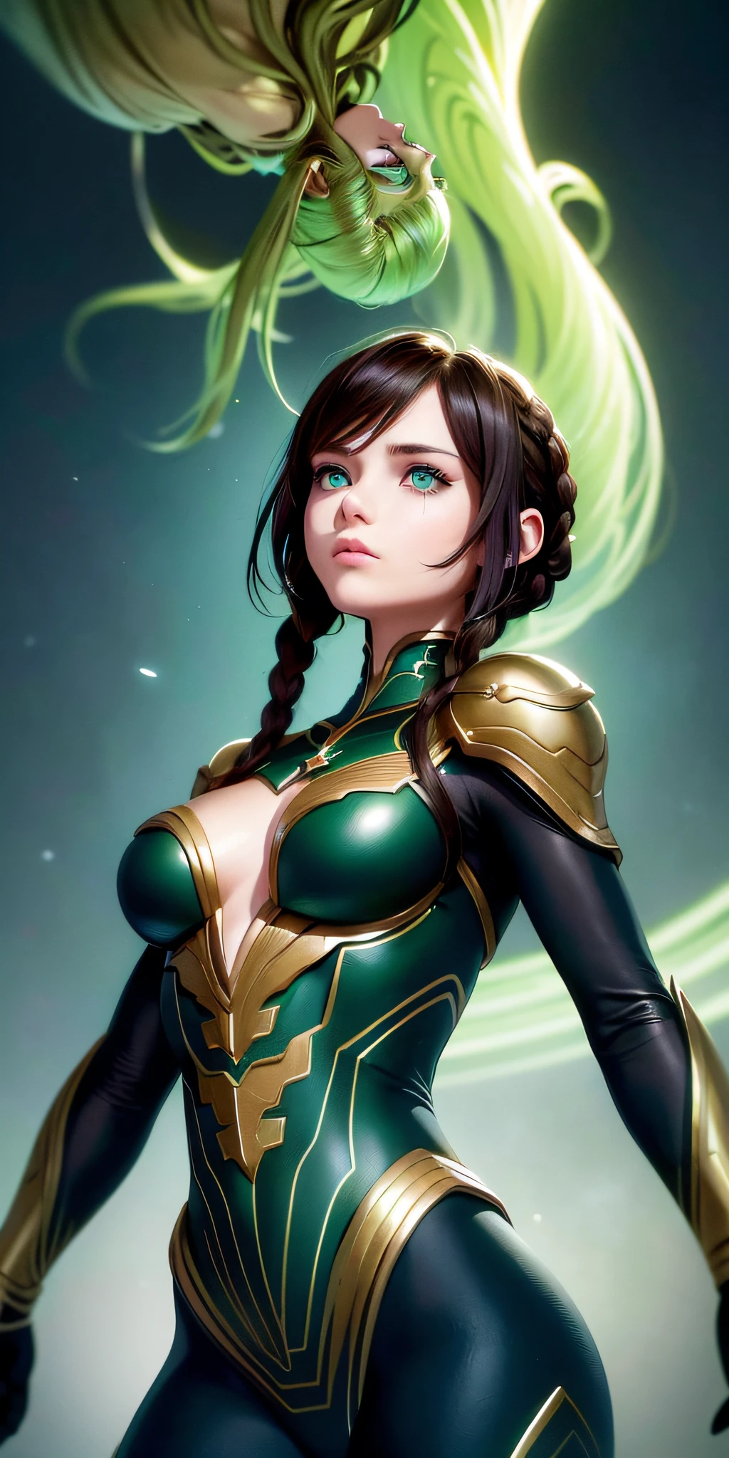 Excellent, masterpiece, brown hair, golden eyes, blue clothes, looking up, upper body, hair, green skin, side braids, alien girl, (aesthetic, pure beauty), (advanced light, sharp contrast, strong deep shadow strong), (perfect, details in place), (feminine, fantasy illustration, epic beauty, overhead lens, exquisite character art)