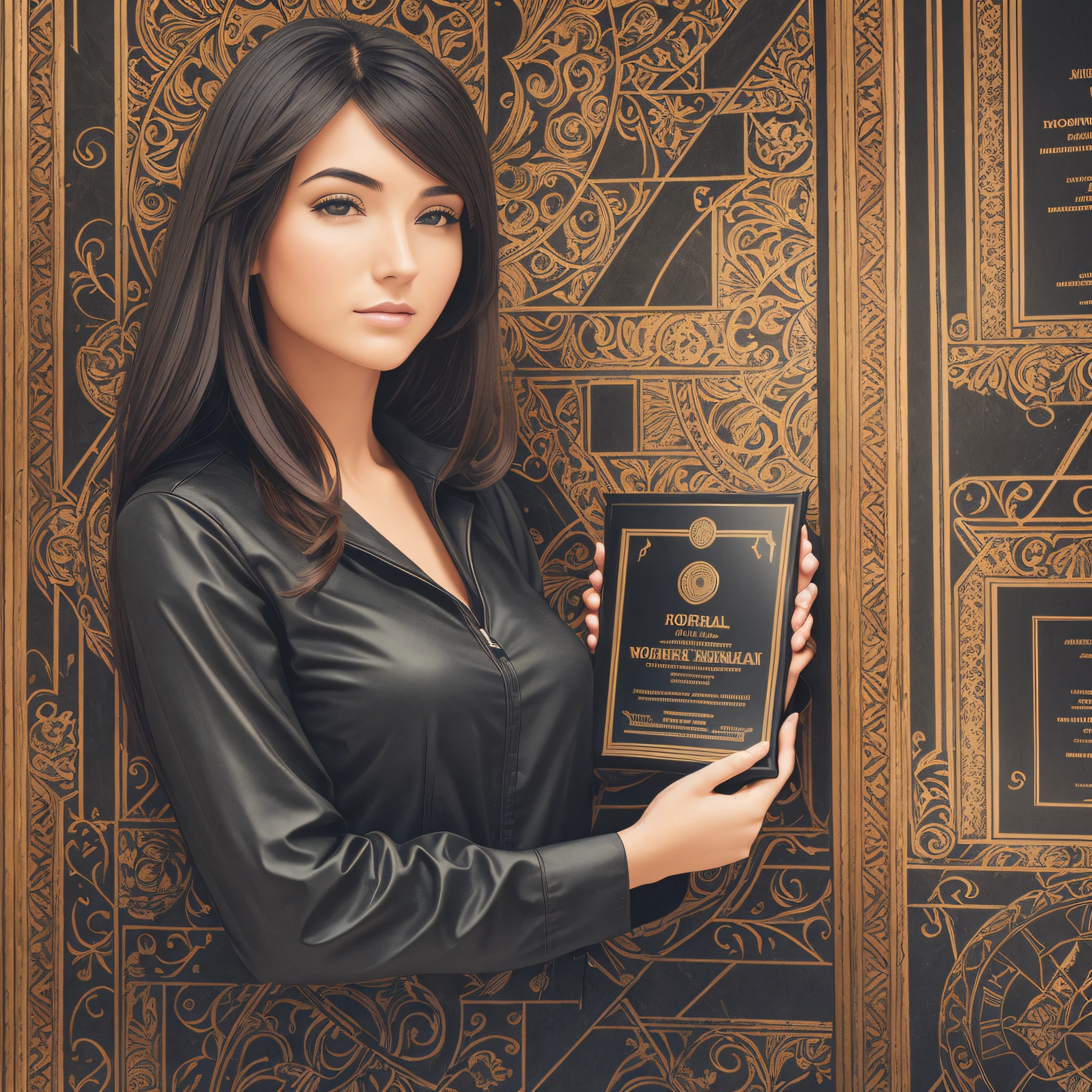 there is a woman, contemporary world, dark background, holding a plaque written Product wolrd, central figure. --auto --s2
