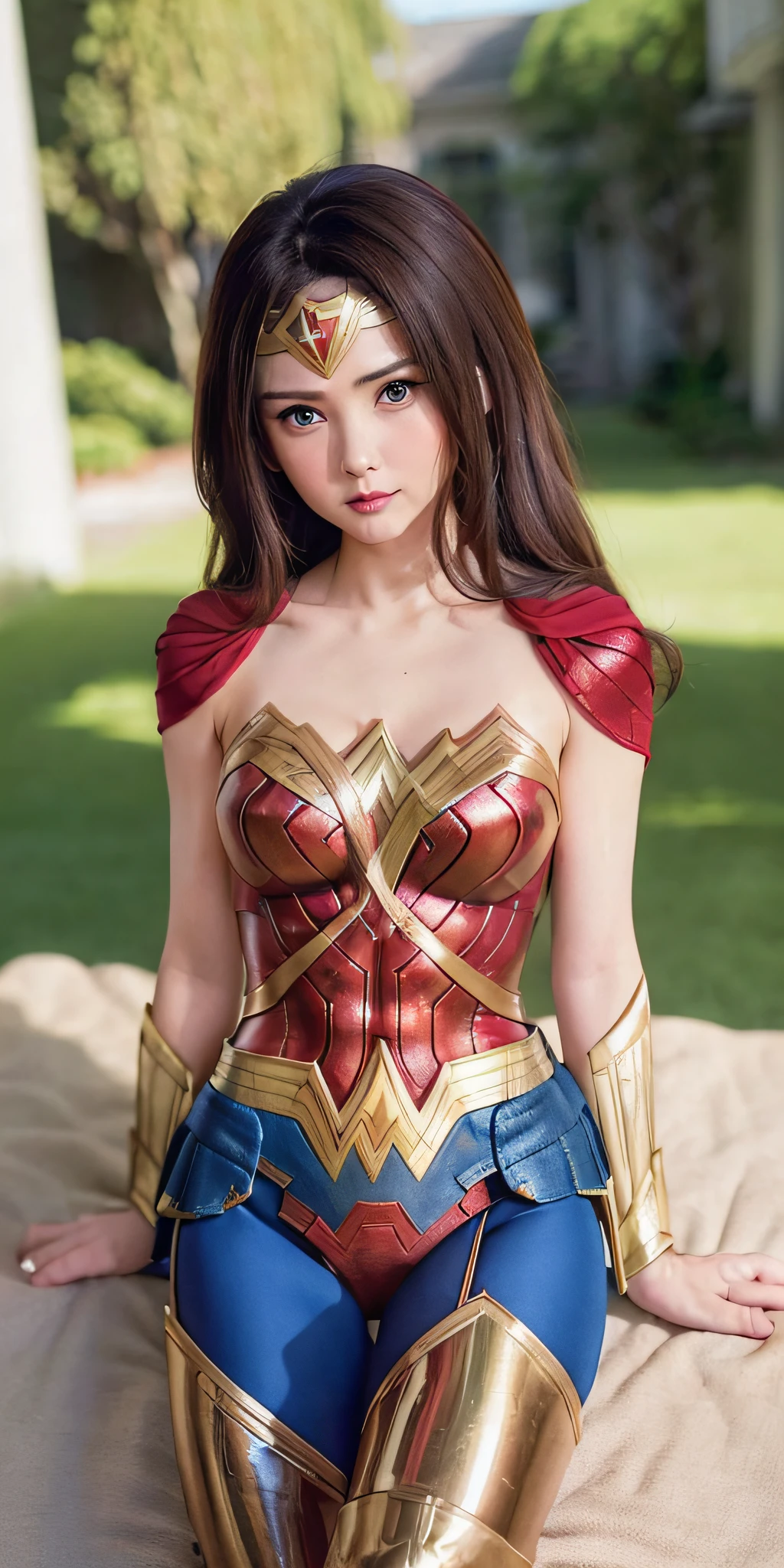 (8k, RAW photo, best quality, masterpiece:1.2), (realistic, photo-realistic:1.37), (lynda-carter-ww-costume:1.65), (red bra:1.4), (navy pants:1.3), (golden belt:1.2), best quality, ultra high res, light leaks, dynamic lighting, slim, smooth skin, (pureerosface_v1:1), armpit, back, cute idol, (:1.4), short neck, (beautiful detailed eyes:1),(beautiful detailed face:1),(freebuffing:1.2), (small breast:1.2), on bed, ulzzang-6500, 1girl, (red boots:1.3), (lie down on her back:1.2), (close-up of a head shot:1.2), from above behind, front view, looking at viewer, arms behind back, armpit, spring, morning sunlight, (wonder woman:1.2), (soft saturation:1.6), (fair skin:1.2), (shiny skin:1.1), oiled skin