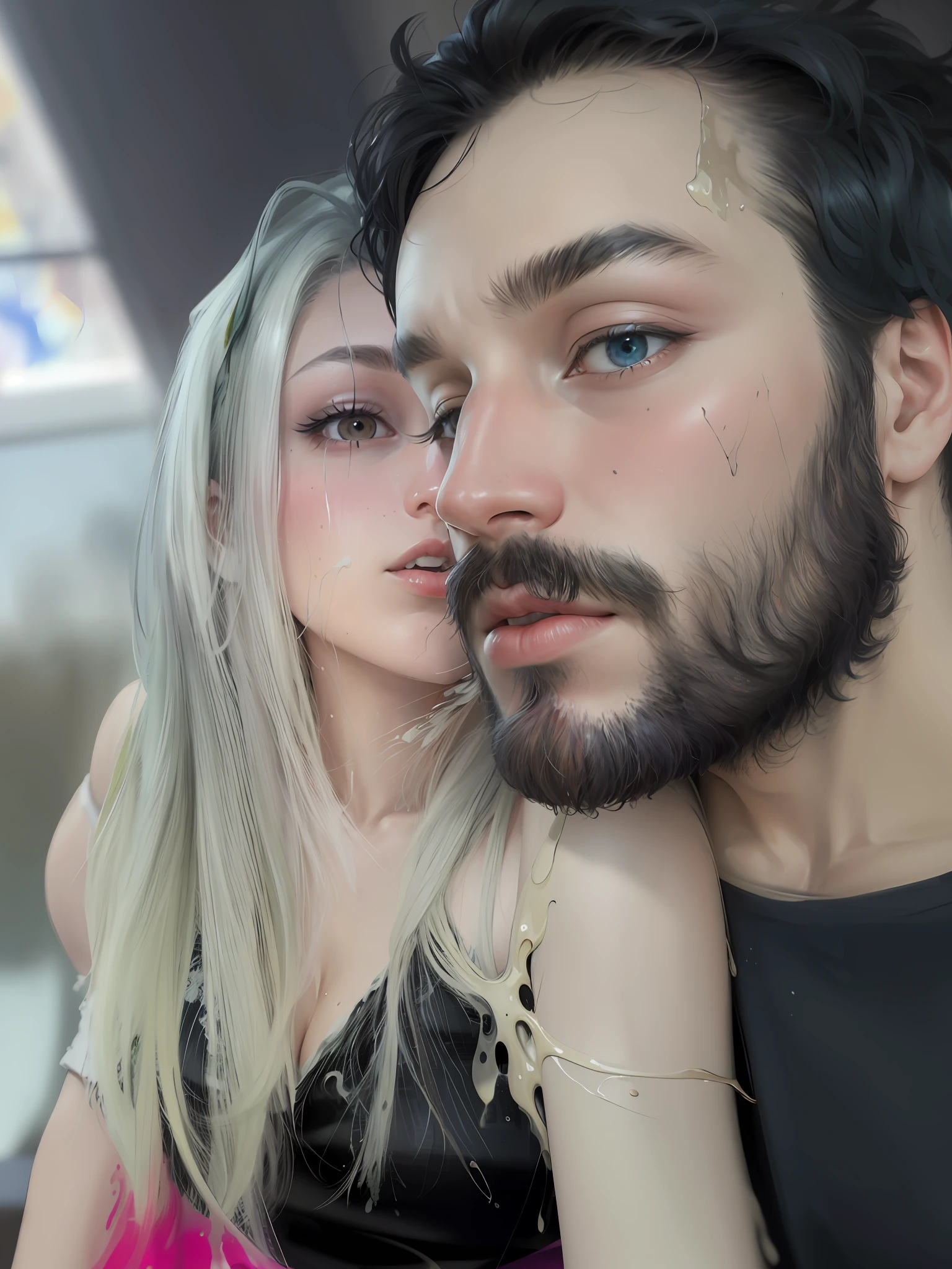 (level difference: 1.8),(Painting colliding and splashing on the canvas),(depth of field),1the girl's side face blends with it,((side face)),open mouth,(rainbow hair liquid paint:1.1) made of painting and defies gravity, thick flow, (paint splashes: 1,3), liquid state, incredibly beautiful, masterpiece, detailed background, high quality model, ethereal background, abstract beauty, explosive volumetric, oil painting, heavy brushstrokes, romantic lighting, sub-scattering surface, lens 135 mm, f1.8, brightness, 8k, high resolution, dreamy, ray tracing, hdr, divine rays, butterfly,