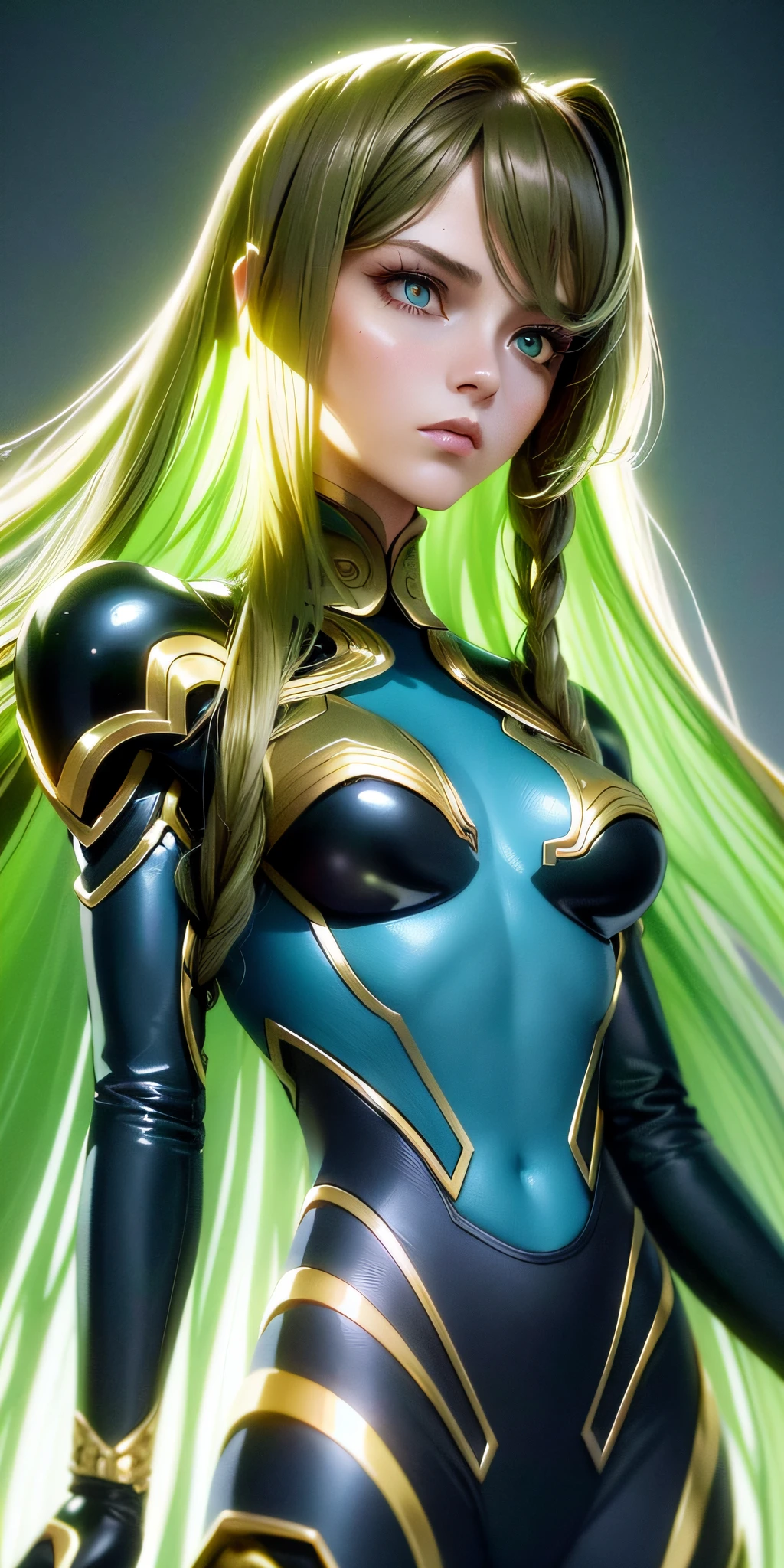 Excellent, masterpiece, brown hair, golden eyes, blue clothes, looking up, upper body, hair, green skin, side braids, alien girl, (aesthetic, pure beauty), (advanced light, sharp contrast, strong deep shadow strong), (perfect, details in place), (feminine, fantasy illustration, epic beauty, overhead lens, exquisite character art)