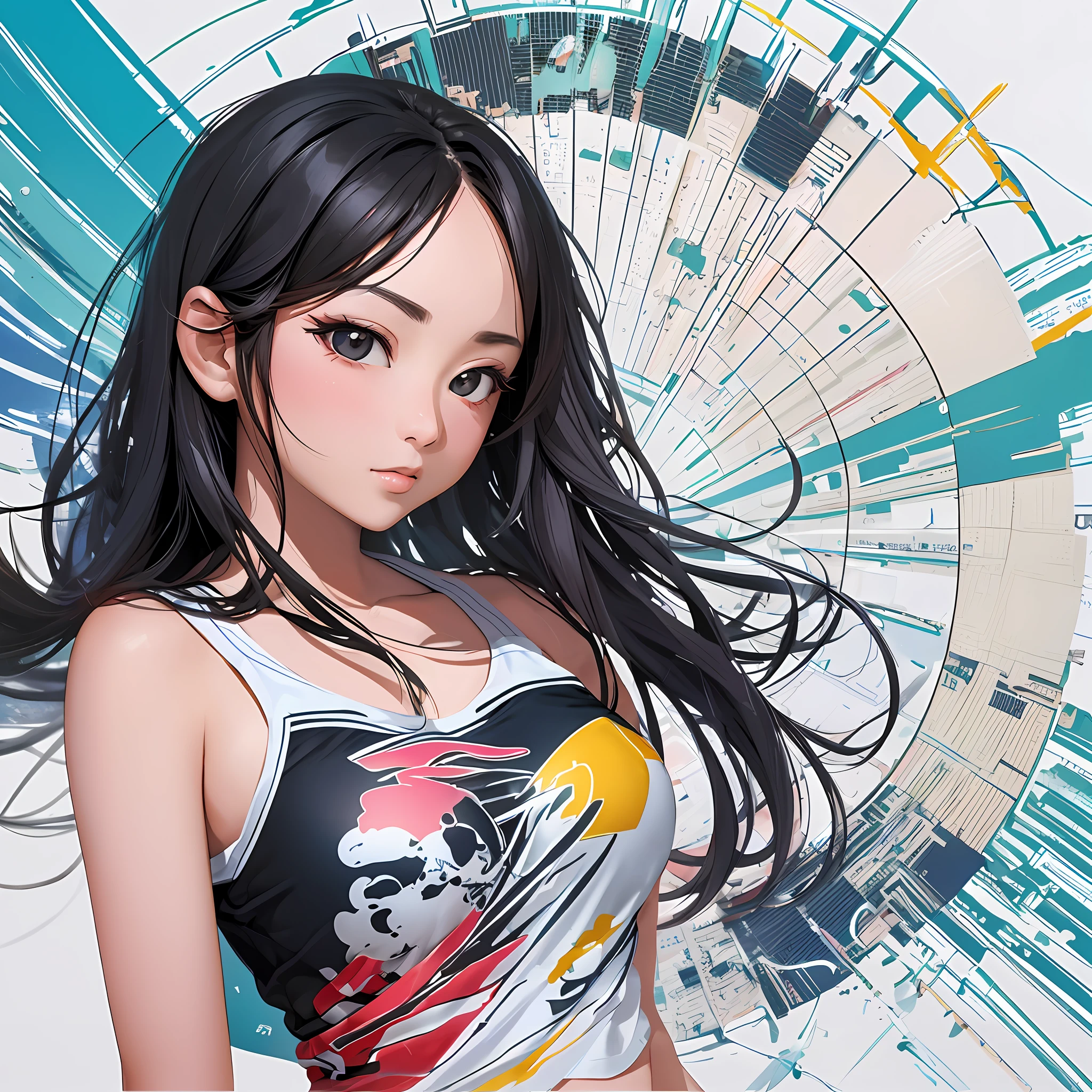 Imagine a beautiful Asian woman wearing Brazilian beachwear. Watercolor style, solid white background, solid colors, 2D dimension, digital painting technique, defined lines, defined outline. This design is perfect for beach t-shirts. T-shirt graphic design art, vector, t-shirt print logo. There are no distortions or imperfections in the design. The design is graphic art intended to be applied to a T-shirt. The design was created in vector format. The logo to print on t-shirts has a centralized composition, with the focus in the center. The design follows an ArtStation trend. 8k resolution, design dimensions are 2040 pixels by 2040 pixels, Graphics Engine 5.