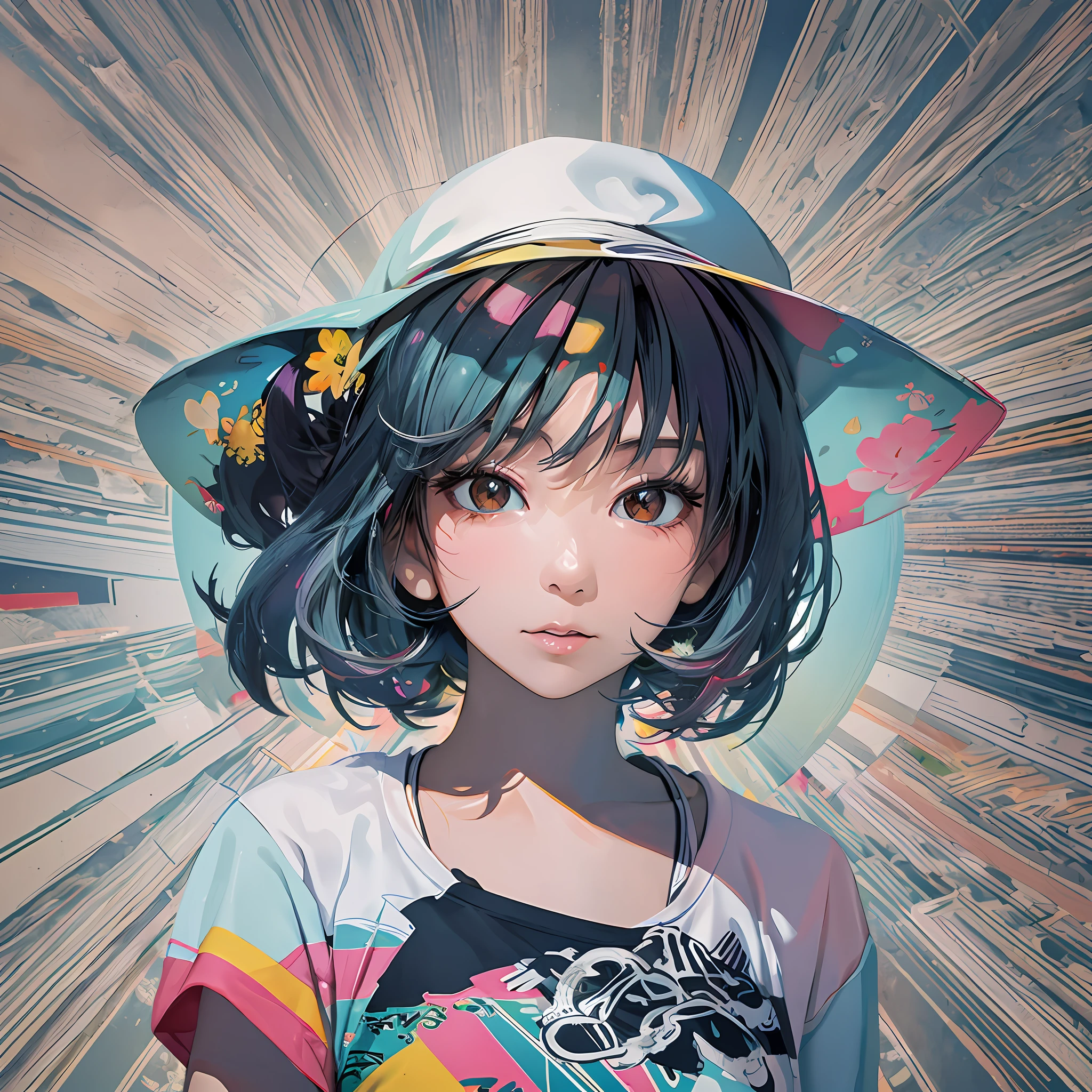 Imagine a beautiful Asian woman wearing Brazilian beachwear. Watercolor style, solid white background, solid colors, 2D dimension, digital painting technique, defined lines, defined outline. This design is perfect for beach t-shirts. T-shirt graphic design art, vector, t-shirt print logo. There are no distortions or imperfections in the design. The design is graphic art intended to be applied to a T-shirt. The design was created in vector format. The logo to print on t-shirts has a centralized composition, with the focus in the center. The design follows an ArtStation trend. 8k resolution, design dimensions are 2040 pixels by 2040 pixels, Graphics Engine 5.