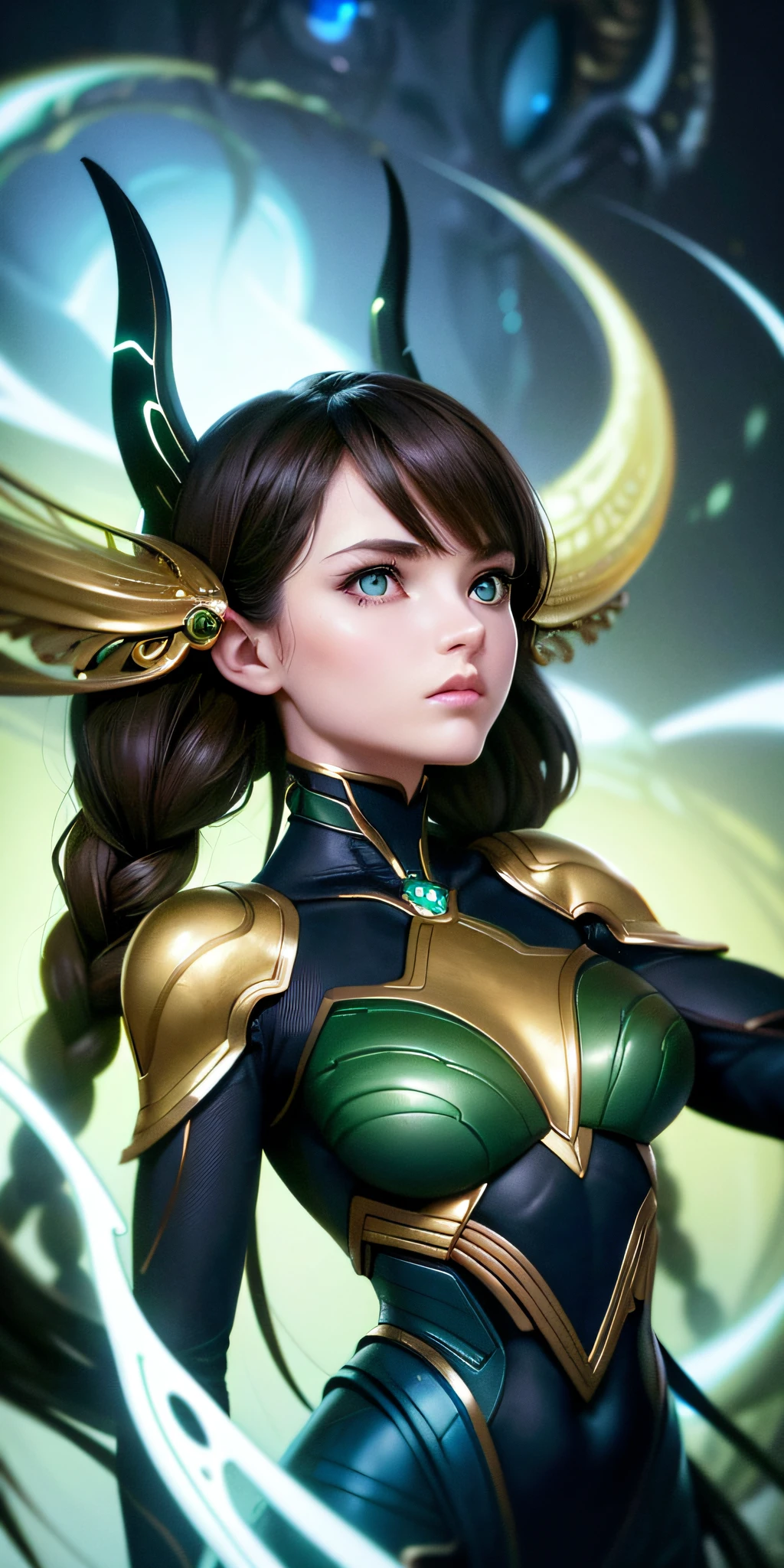 Excellent, masterpiece, brown hair, golden eyes, blue clothes, looking up, upper body, hair, green skin, side braids, alien girl, (aesthetic, pure beauty), (advanced light, sharp contrast, strong deep shadow strong), (perfect, details in place), (feminine, fantasy illustration, epic beauty, overhead lens, exquisite character art)