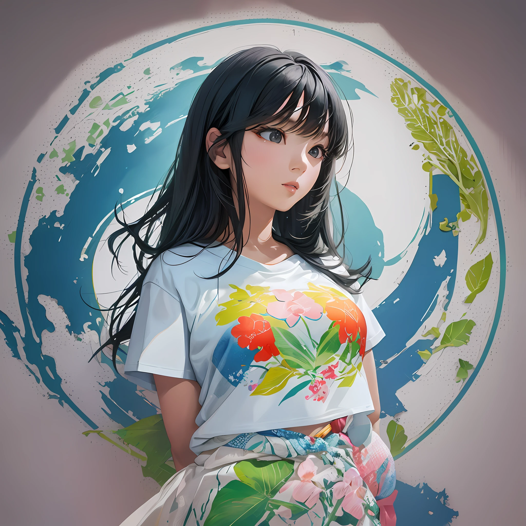Imagine a beautiful Asian woman wearing Brazilian beachwear. Watercolor style, solid white background, solid colors, 2D dimension, digital painting technique, defined lines, defined outline. This design is perfect for beach t-shirts. T-shirt graphic design art, vector, t-shirt print logo. There are no distortions or imperfections in the design. The design is graphic art intended to be applied to a T-shirt. The design was created in vector format. The logo to print on t-shirts has a centralized composition, with the focus in the center. The design follows an ArtStation trend. 8k resolution, design dimensions are 2040 pixels by 2040 pixels, Graphics Engine 5.