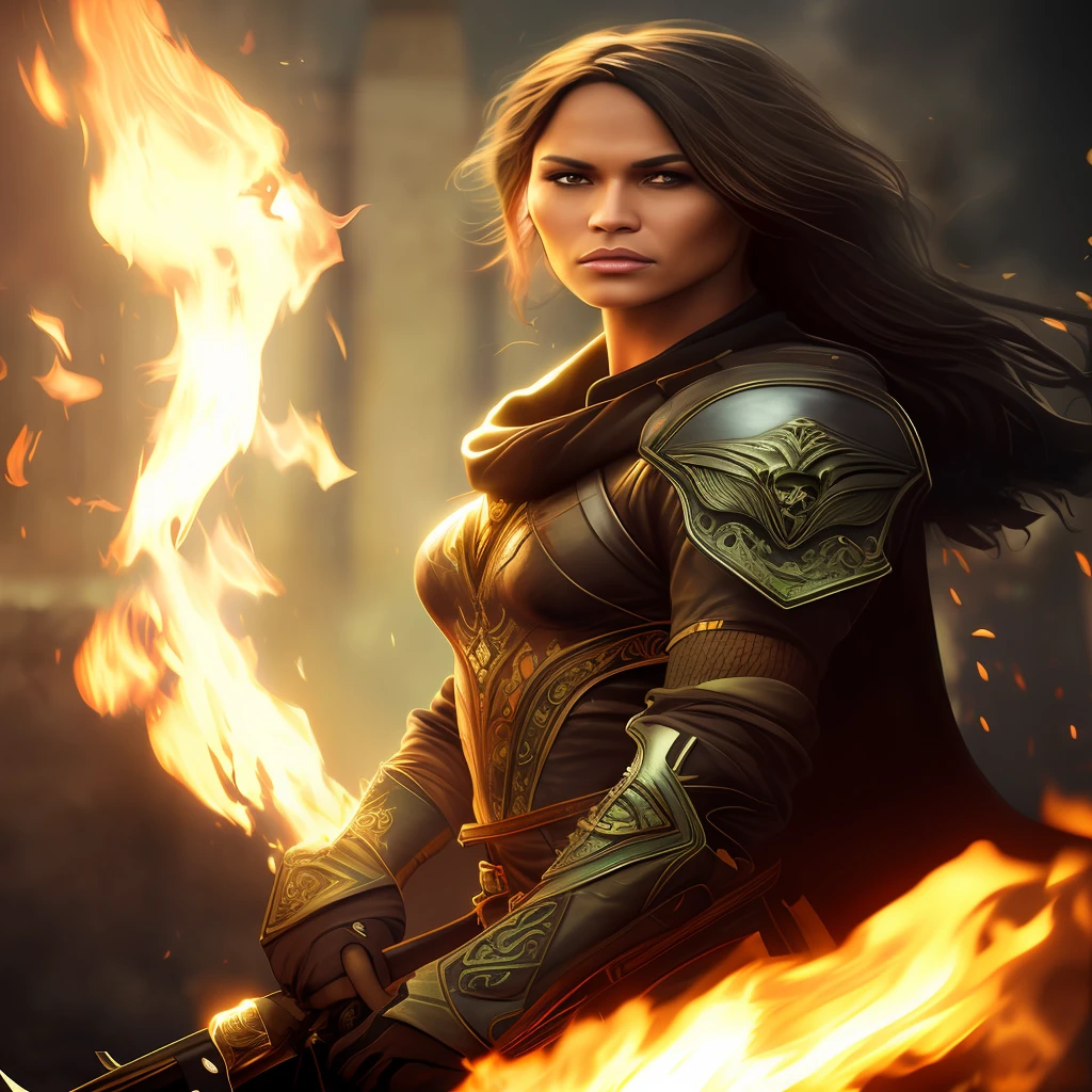 masterpiece, highest quality, high definition, details, realistic, one beautiful mixed raced female, hell background, wearing leather pants, fully armed, warrior, light brown skin, green eye pupils, full body, sensual smile, holding knives, flames in background, lesley ann brandt, Mazikeen