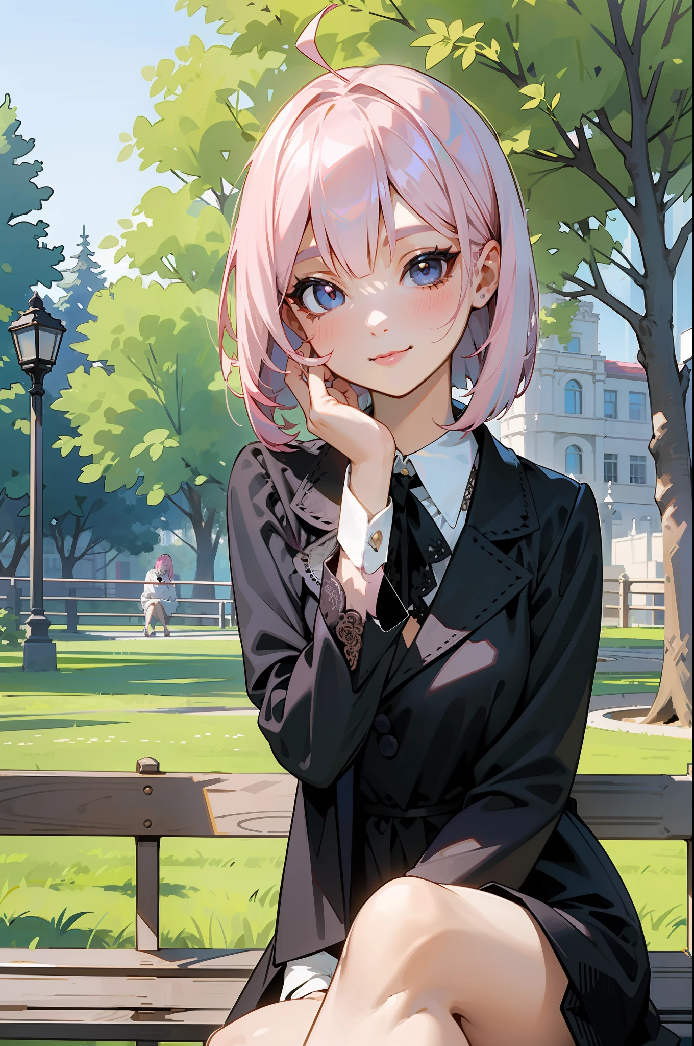 sunny day, graceful photo of a girl in a black blazer dress, (puffy eyes:0.95), large lace collar, (white lace shirt), platinum pink hair, (angled bob:1.47), flat bangs, (flowing hair), smile slightly, pink lip, happy, happiness, high detailed skin, skin pores, stunning innocent symmetry face, long eyelashes, black eyeliner, light golden eyeshadow,(sitting down on the bench), crossed_legs, emotional, wind, park, trees, grass, masterpiece, best quality, photorealistic,