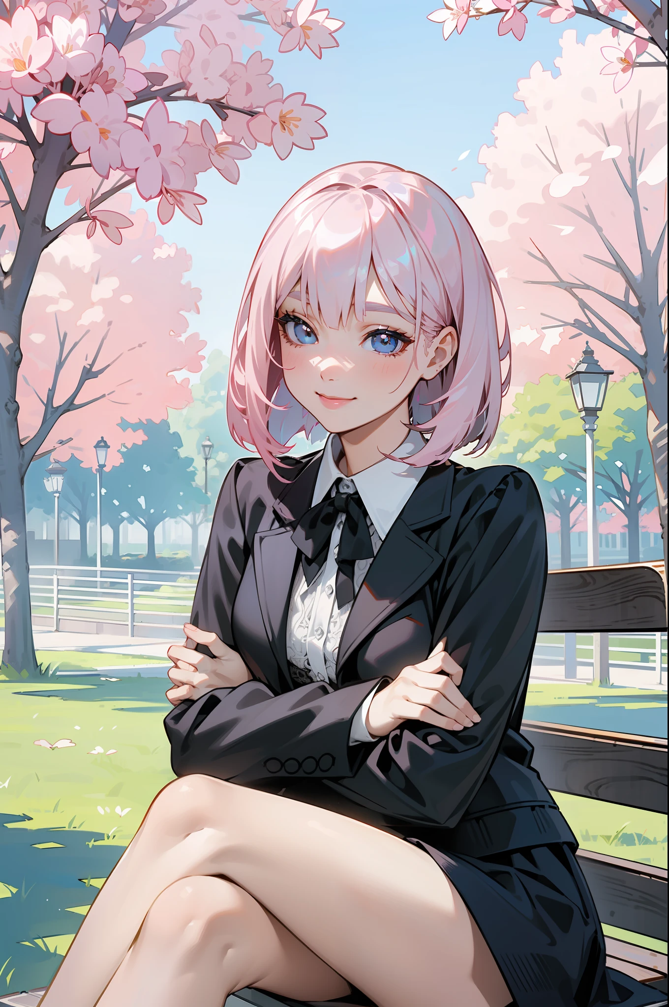 sunny day, graceful photo of a girl in a black blazer dress, (puffy eyes:0.95), large lace collar, (white lace shirt), platinum pink hair, (angled bob:1.47), flat bangs, (flowing hair), smile slightly, pink lip, happy, happiness, high detailed skin, skin pores, stunning innocent symmetry face, long eyelashes, black eyeliner, light golden eyeshadow,(sitting down on the bench), crossed_legs, emotional, wind, park, trees, grass, masterpiece, best quality, photorealistic,