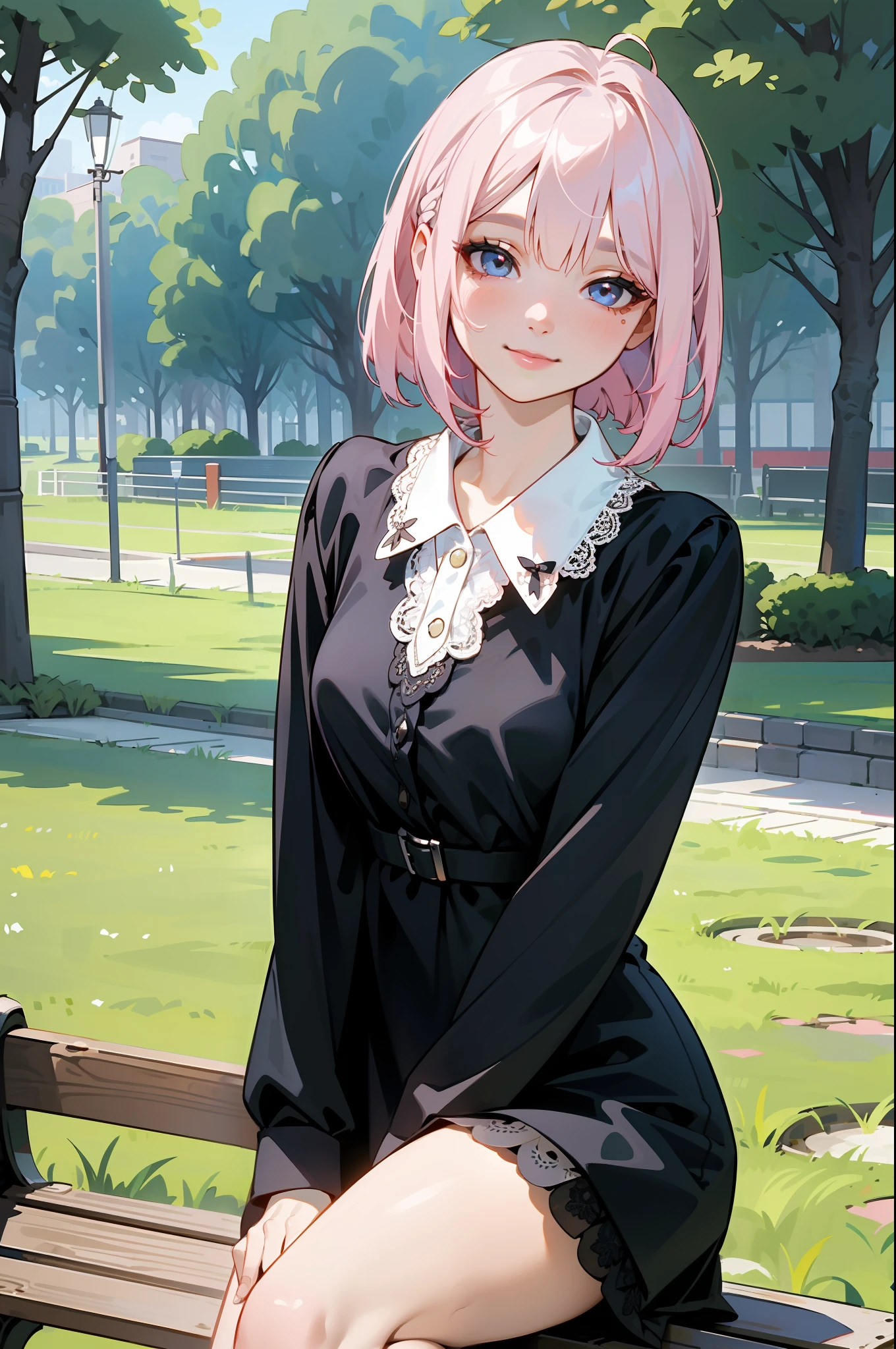sunny day, graceful photo of a girl in a black blazer dress, (puffy eyes:0.95), large lace collar, (white lace shirt), platinum pink hair, (angled bob:1.47), flat bangs, (flowing hair), smile slightly, pink lip, happy, happiness, high detailed skin, skin pores, stunning innocent symmetry face, long eyelashes, black eyeliner, light golden eyeshadow,(sitting down on the bench), crossed_legs, emotional, wind, park, trees, grass, masterpiece, best quality, photorealistic,