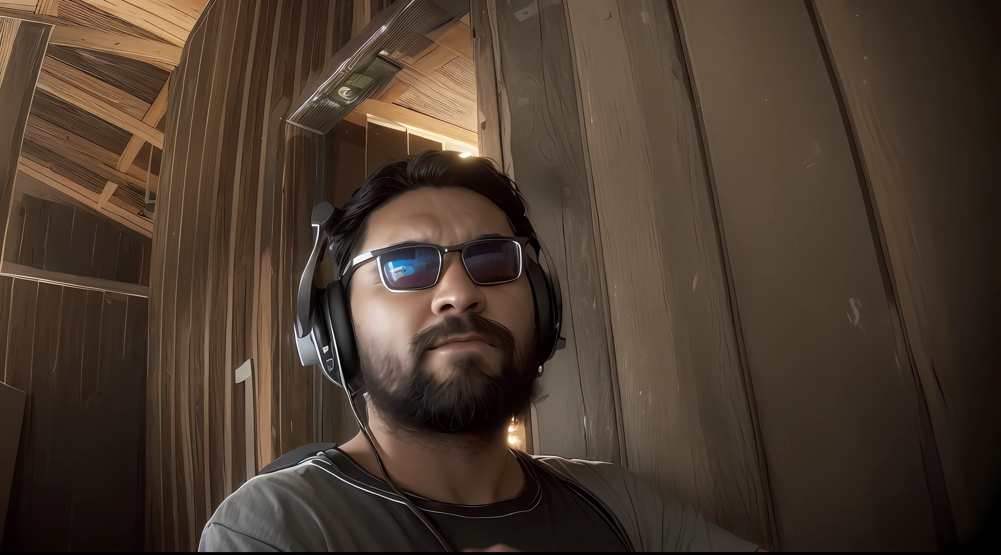 there is a man with headphones and beard wearing a gray shirt with Xbox logo, sitting in a black gaming chair with yellow details, add a background in the photo with Xbox logo and an Xbox Series X/S console, in the function still add a shelf with several covers of Xbox games, in the background also add posters of games like Prince of Persia and The Division, with headphones, webcam screenshot, high quality video, in front of a computer, inspired by Abidin Dino, fpv, using headset, studio shot, webcam, webcam footage, frontal shot, with precise face, inspired by Bohumil Kubista
