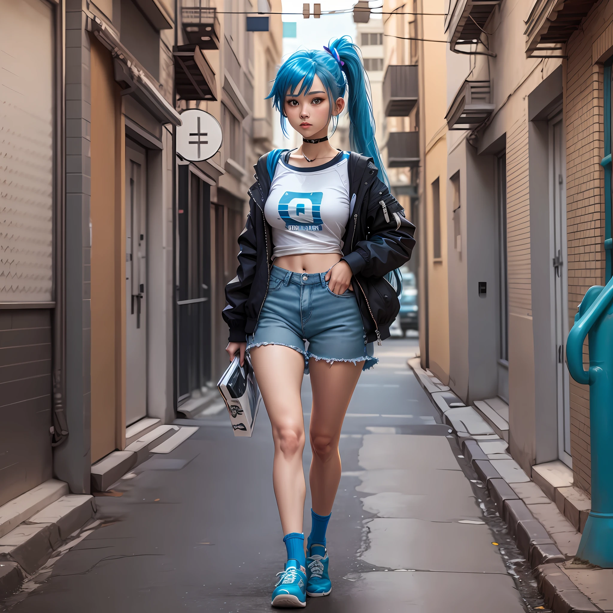 Blue hair girl, flats, shoes, street, modern, high quality, very long ponytail, egirl
