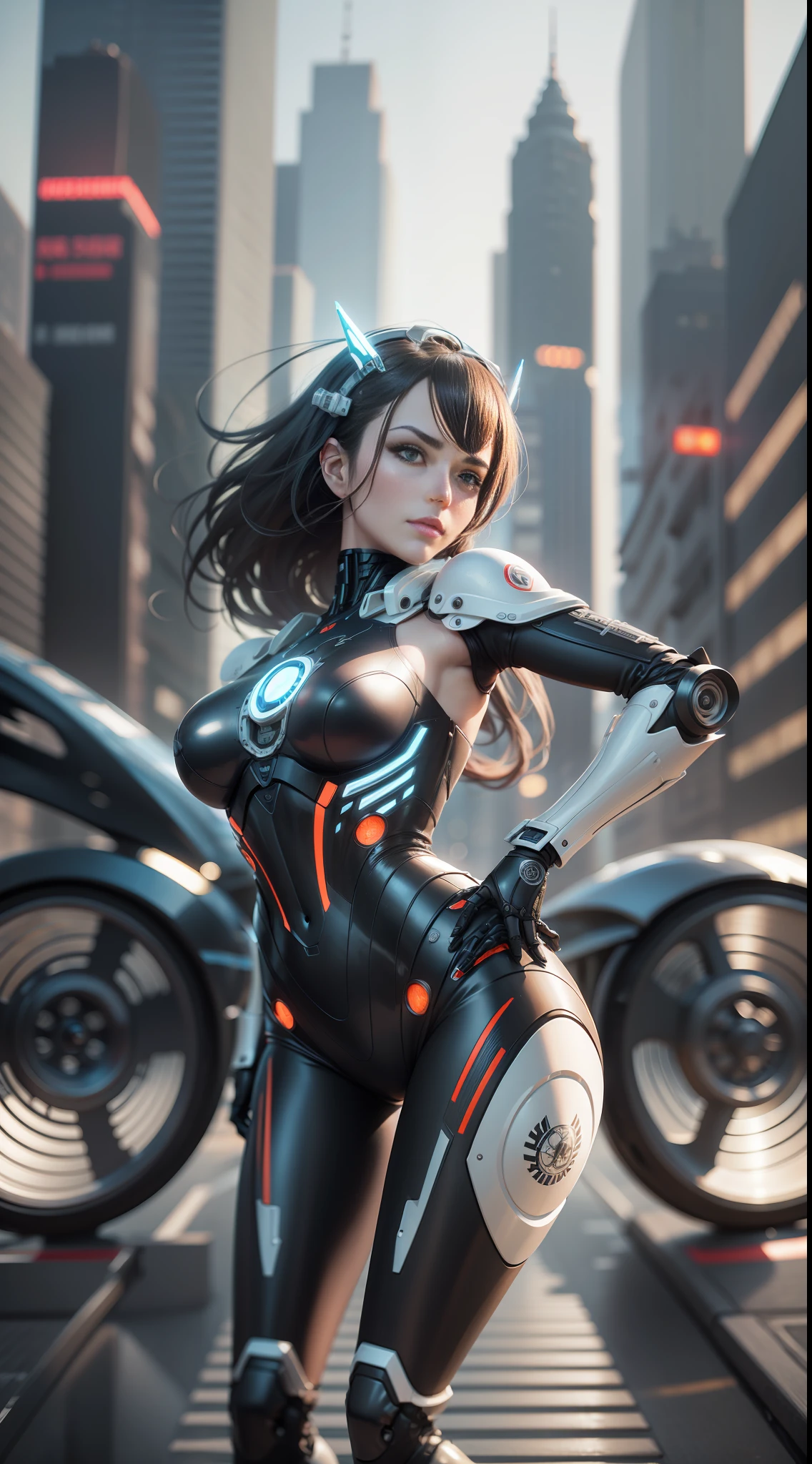 Complex 3d rendering very detailed beautiful ceramic silhouette female robot face, robot, robot parts, 150 mm, beautiful studio soft light, edge light, vibrant details, luxurious cyberpunk, lace, surrealism, anatomy, facial muscles, cable wire, microchip, elegant, beautiful background, octane rendering, HR Giger style, 8k, best quality, masterpiece, illustration, very refined and beautiful, very detailed, CG, unified, wallpaper, (realism, Realism: 1.37), amazing, fine details, masterpiece, best quality, official art, very detailed CG unified 8k wallpaper, ridiculous, incredibly ridiculous, robot, silver helmet, full body, 2.0 large aperture, supercar car, big city outdoor street, Wall Street Road, high-rise building, female robot and car group photo, car model, urban style metallic cold tone, riding motorcycle, speeding on the street, driving a motorcycle,