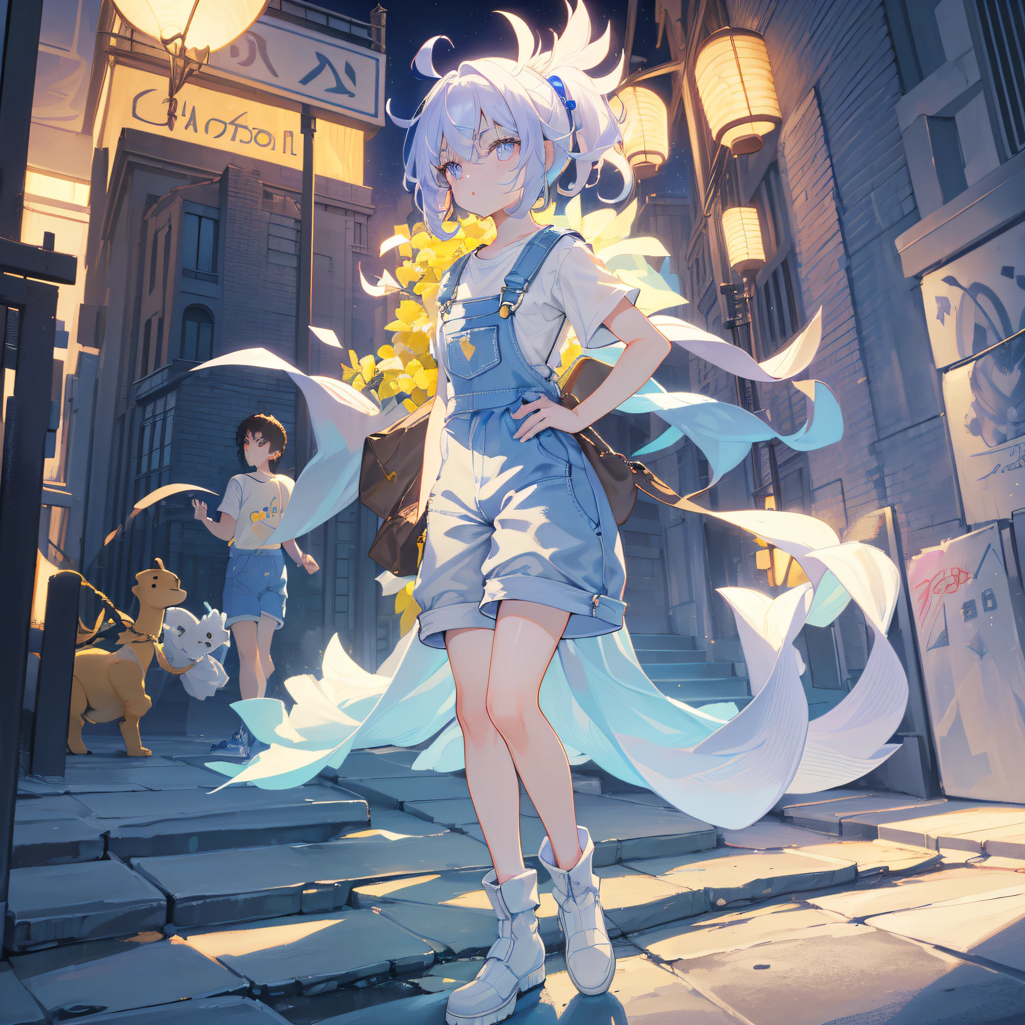 UHD, retina, masterpiece, accurate, anatomically correct, textured skin, super detail, high details, high quality, award winning, best quality, highres, 1080P, HD, 4K, 8k, 16k, 1girl, full body, (beautiful background, at a park, sunning, street lights, side walk),((long light purple eyes, yellow eyes)),(((wearing a white t-shirt, short puffy sleaves, wearing blue overalls, wearing blue puffy shorts, overalls and shorts connect, wearing brown shoess)))