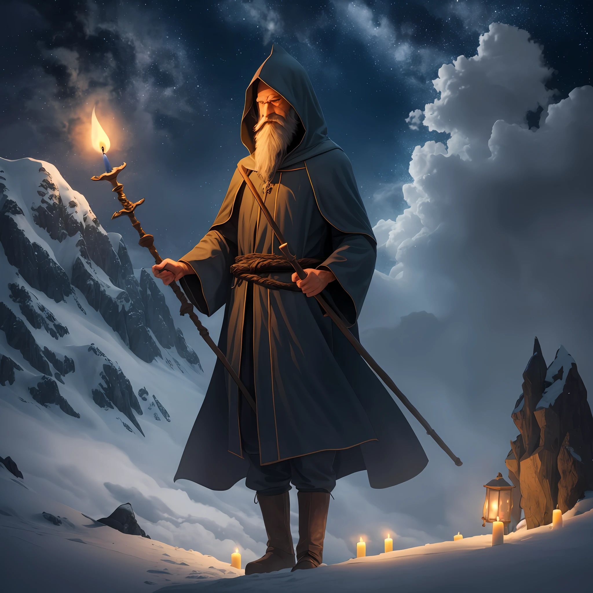Wizard with pointed hood and covered face, long beard and staff, stormy night, candle lantern hanging in hand, standing on top of a mountain, dark background, –q 2 –s 750 –v 5 --auto --s2