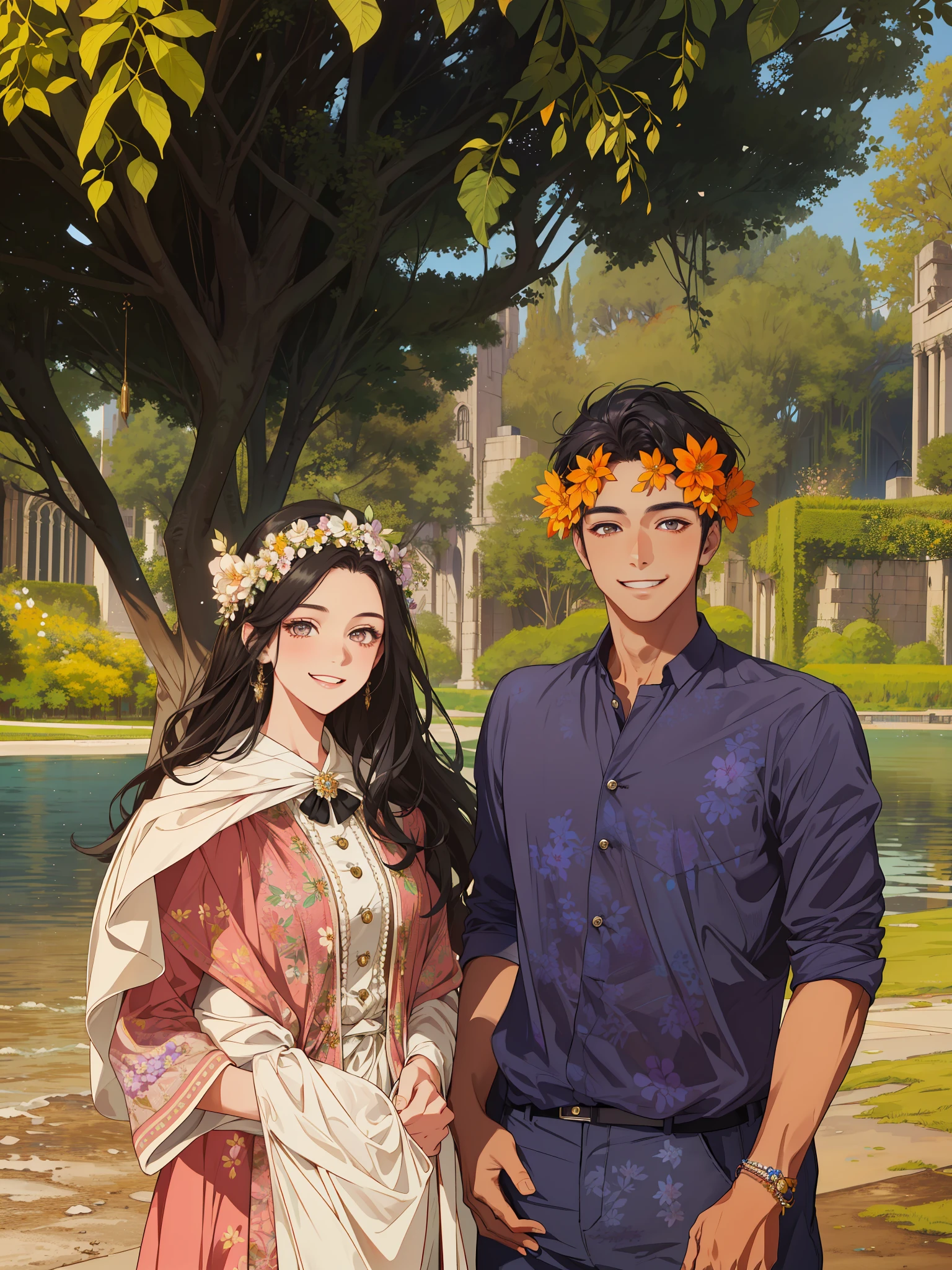 (masterpiece, best quality, highres, Sweet couple, beautiful girl, young boy, smile, couple photo, detailed eyes, dark eyes, detailed face, black hair, stylish hair, classy outfit, romantic background, flower crown, highly detailed