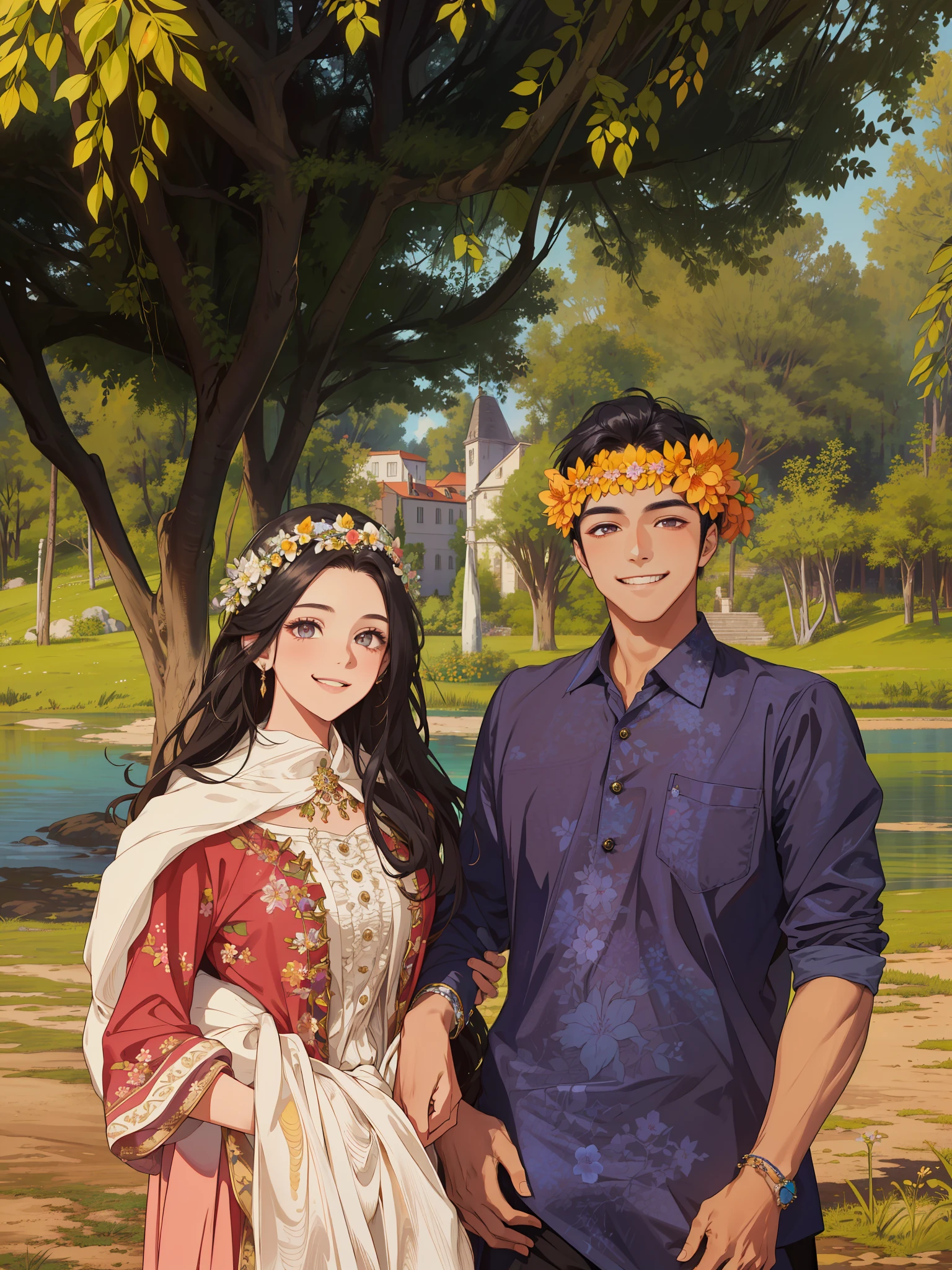 (masterpiece, best quality, highres, Sweet couple, beautiful girl, young boy, smile, couple photo, detailed eyes, dark eyes, detailed face, black hair, stylish hair, classy outfit, romantic background, flower crown, highly detailed